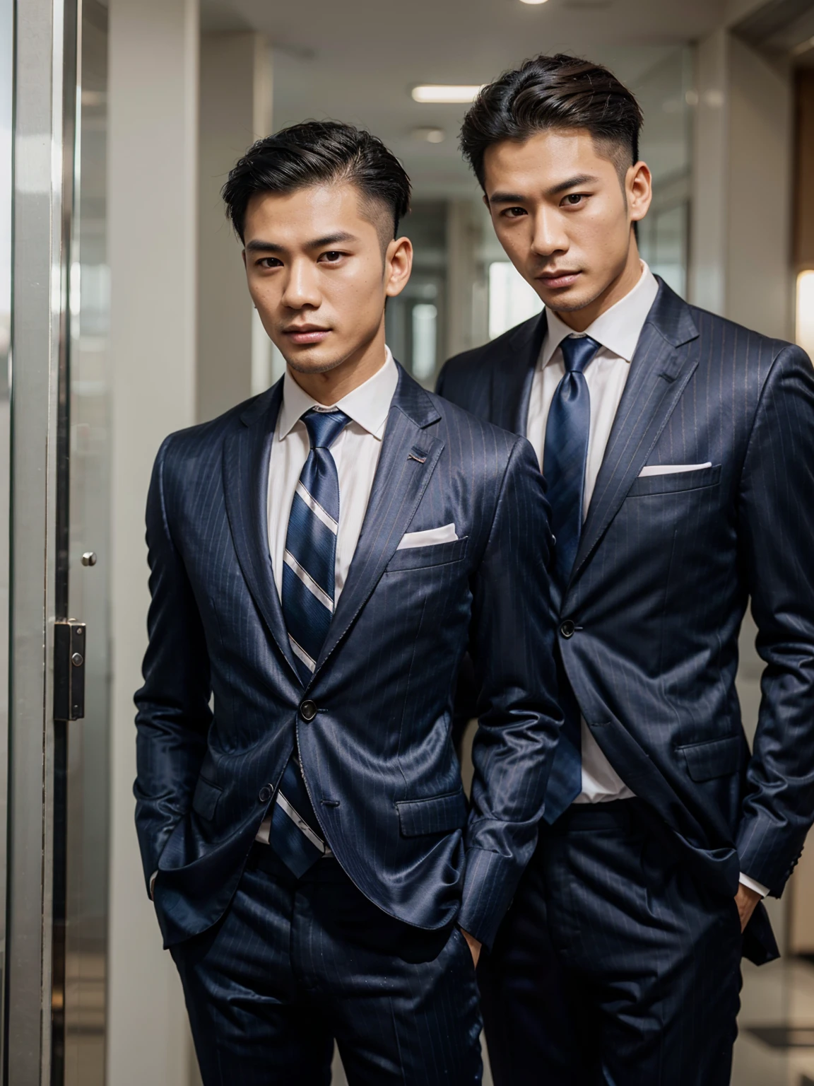 Two 40ys asian handsome high fade hair hot guys, in shiny pinstripes stripes sharp suit with silk tie, 8K, Ultra HD