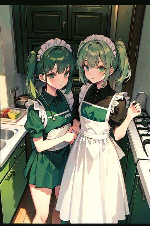 two side up, green hair, green eyes, maid uniform, standing, Straight Face, Fair skin, indoors, kitchen, from above, 1990s (style), --niji 5  --ar 2:3 --s 100
