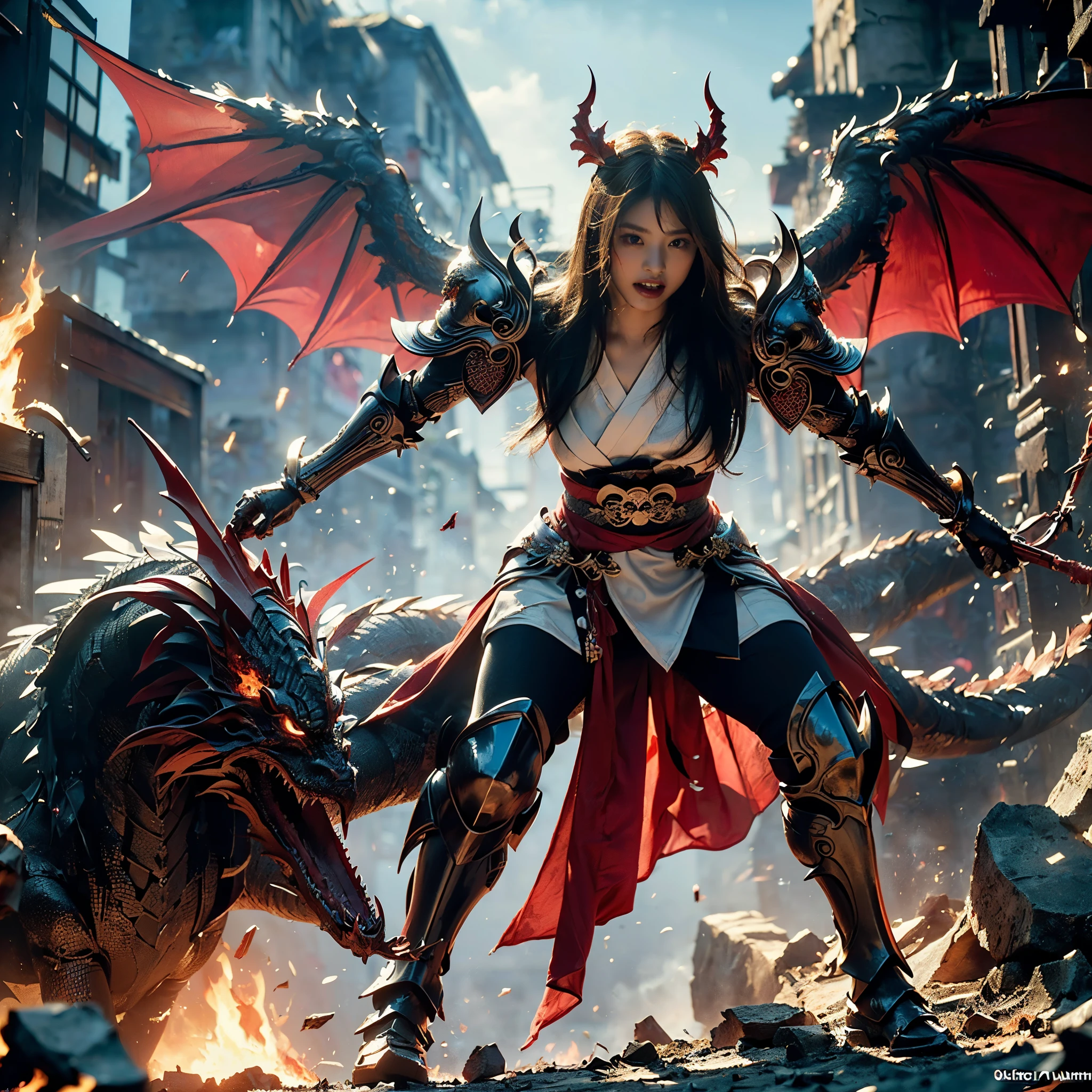 (((Realistic, masterpiece, best quality, crisp detail, high definition, high detail, very rich detail, sharp focus, sharp detail, colorful, perfect studio lightning))), ((20 years old devil, kasumi arimura, flying, floating)),(((in the middle of war, epic war scene, attack stance))), wearing (((beautiful decorated golden heavy armor, dragon armor, decorated full body armor, fully armored beautiful kimono, wide fire dragon wings))), (flying, swinging large blade, blood scattered face, blood tears, blood bath, blood shed), (((fire everywhere, blood everywhere, death everywhere, japan bakumatsu period, dead bodies,carcass,burned japanese castle,hellish,chaos, inferno)) traditional village background)