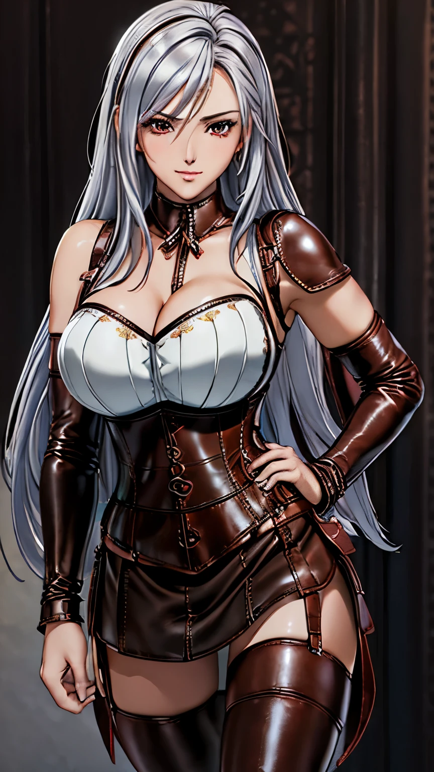 red eyes, (highest quality, masterpiece painting:1.3), mature woman, 30 years old, (half body shot), masterpiece, ultra high resolution, (Photoreal:1.0), silver hair,straight hair, beautiful shining hair, white and shining skin, ((Ultra realistic details)), octane rendering, highly detailed face, (big breasts:0.8), BDSM, (((leather corset dress:1.4))), (((The corset is decorated with beautiful embroidery))), (((corset dress with shoulder straps))), (((tight leather miniskirt:1.4))), first round, (((Thigh Boots))), high heel boots, (((leather bra))), (((leather panties))), sharp focus, intricate details, professional artwork, (bright colors:1.1), bright colors, diffused lighting, digital blending, ultra-definition body, ultra detail hair, super detailed face, that&#39;It&#39;s trending on pixiv, top button open, Cute gaze, compensate, perfect lips, perfect compensate, Ultra-precision coating,  (light_smile:0.8), (Very embarrassed:1.2), blush your nose,