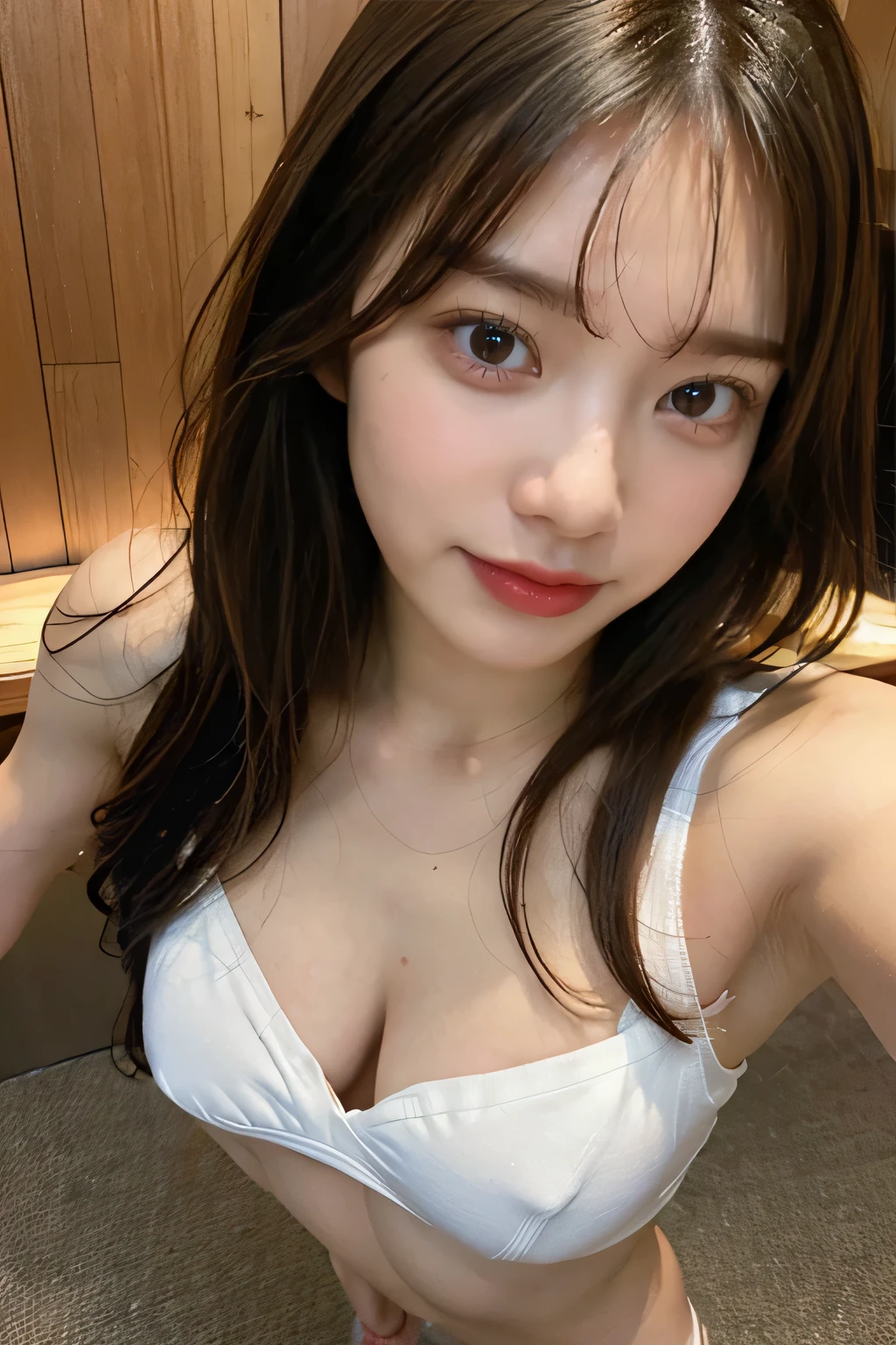 highest quality,live-action,whole bodyが映る、Angle from below、Photo from below、To the tips of the feet、model standing、fine skin,beautiful , long brown hair, 8K highly detailed face,transparent bra、straight hair、smile、 perfect face shape,absolutely perfect lips,whole body、 beautiful body line,perfect nose、beautiful eyes,erotic sion,masterpiece, beautiful girl,Japan female, 26 years old,look up,face of shame、cool beauty、beautiful armpits、T-back、T-shirt、visible from head to foot、long legs、Are standing、Take a picture of your feet、perfect fingers、crowd、plump body