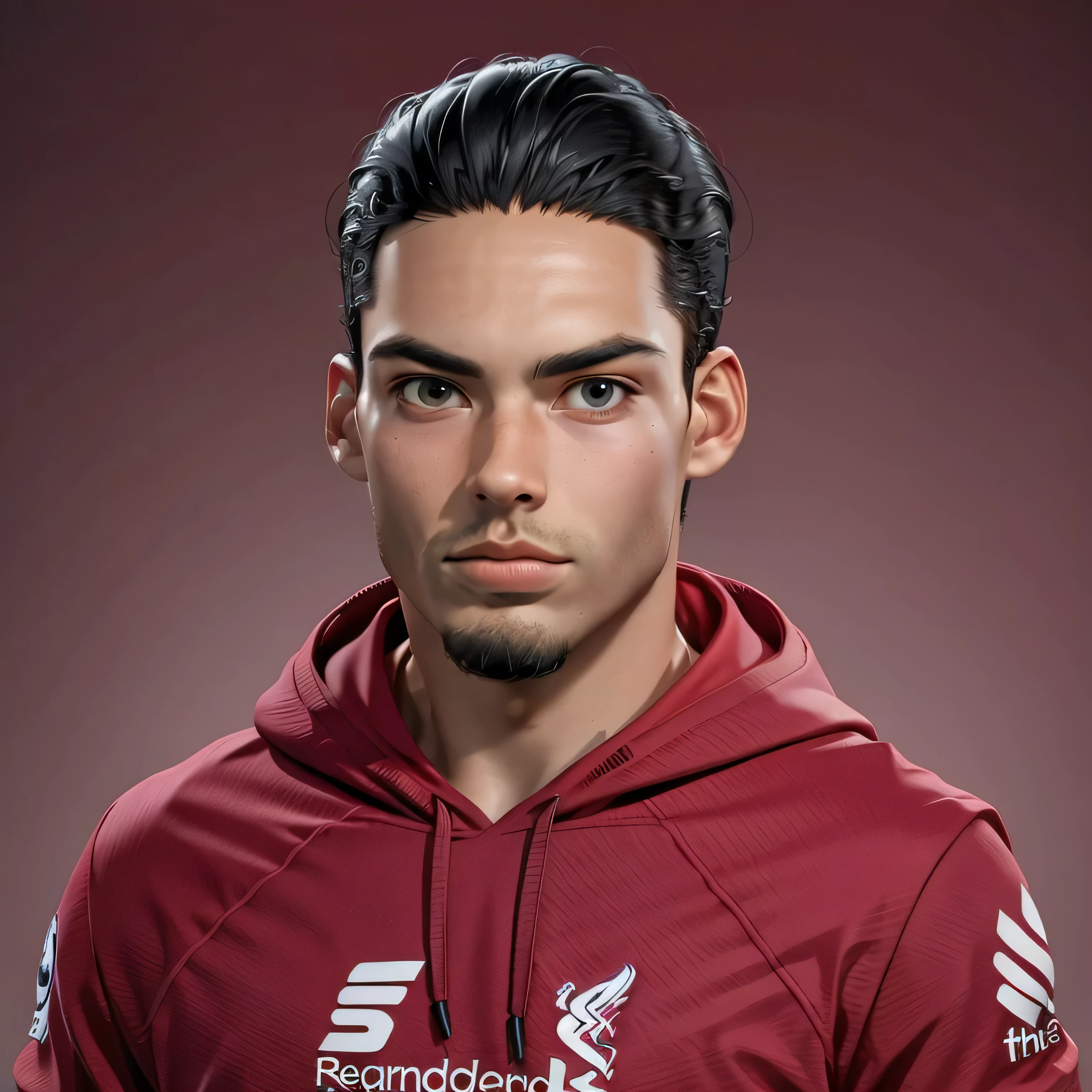 A Handsome Man wearing a Graphic Hoodie red, Facing the camera, Cartoon style, 8k. Red background, liverpool fc