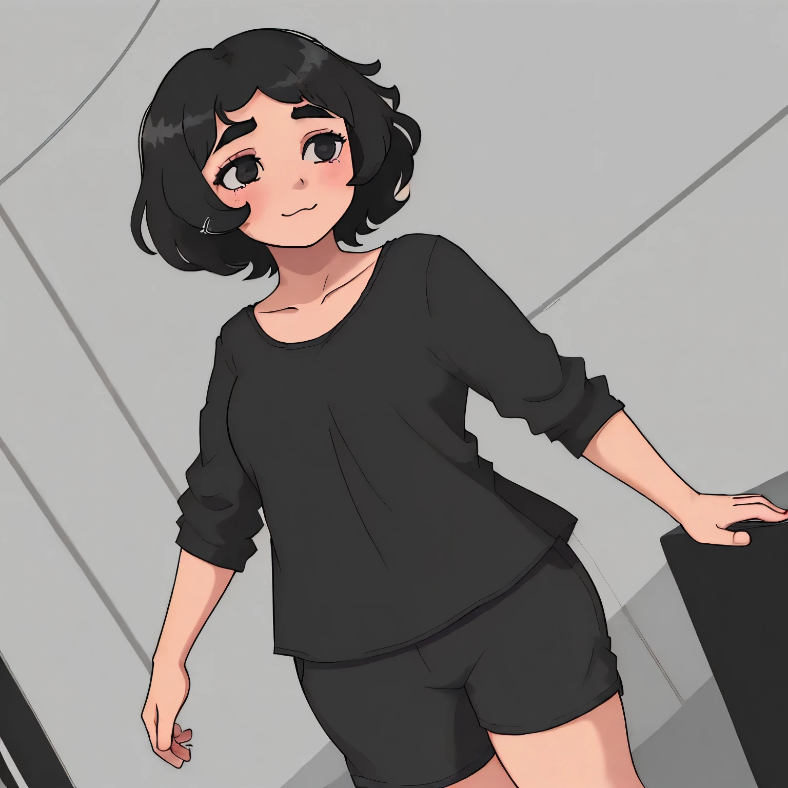 Girl with short black curly hair and a slightly sad expression but with a small smile, she wears a black blouse and normal gray shorts and has a chubby body