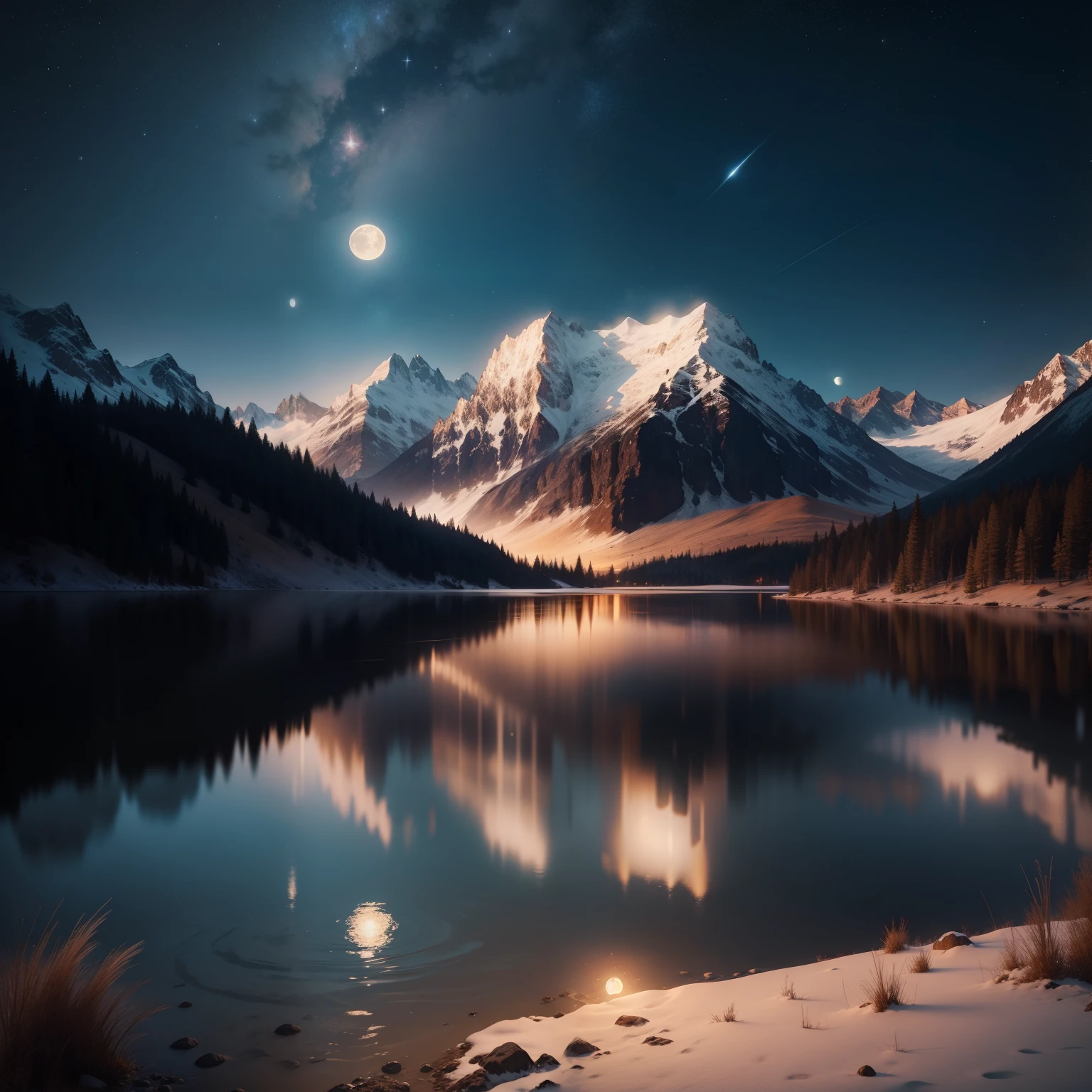 A very starry night. A huge moon behind the mountains. A quiet lake reflecting the night. realistic scene, be familiar with, photorealism, 8K
