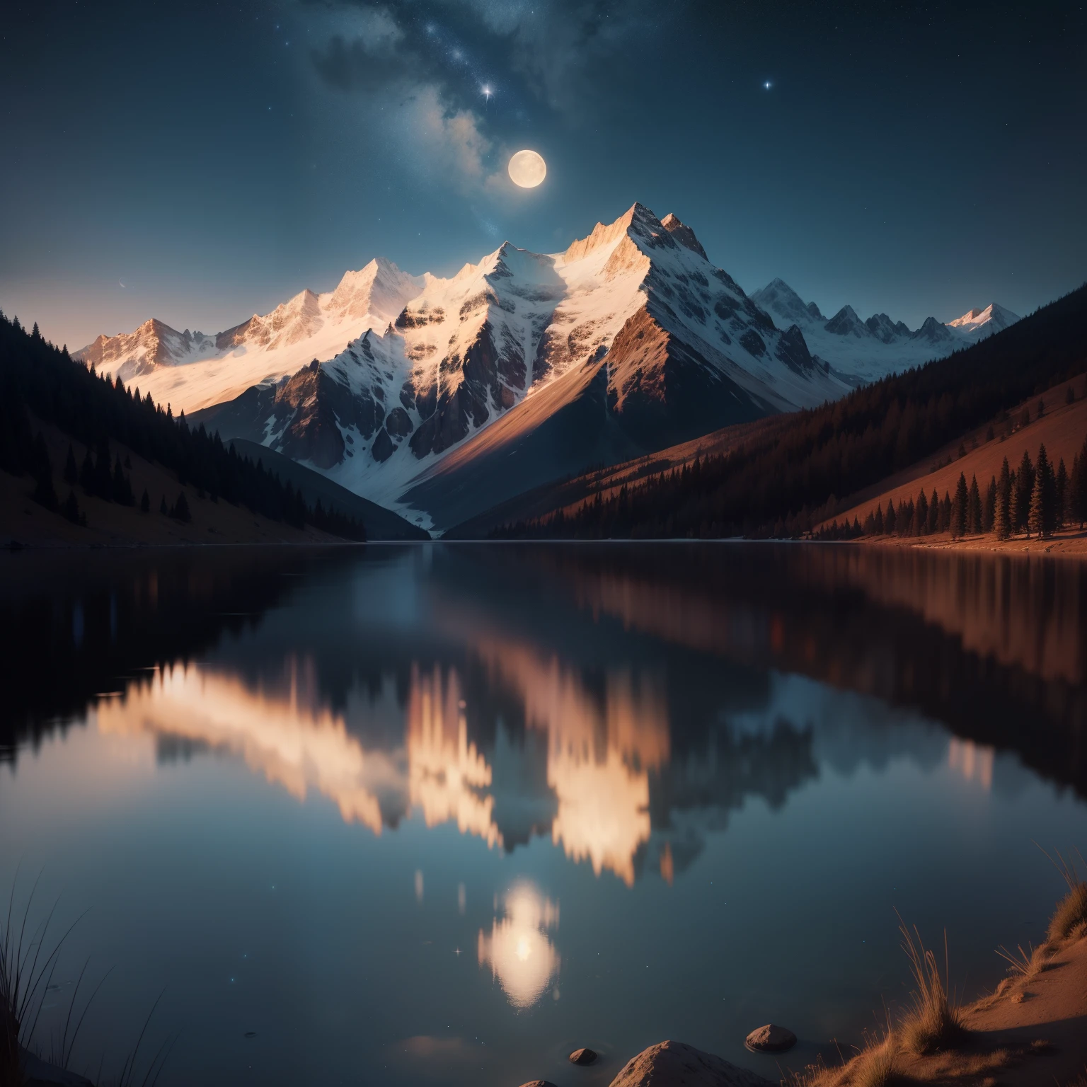 A very starry night. A huge moon behind the mountains. A quiet lake reflecting the night. realistic scene, be familiar with, photorealism, 8K