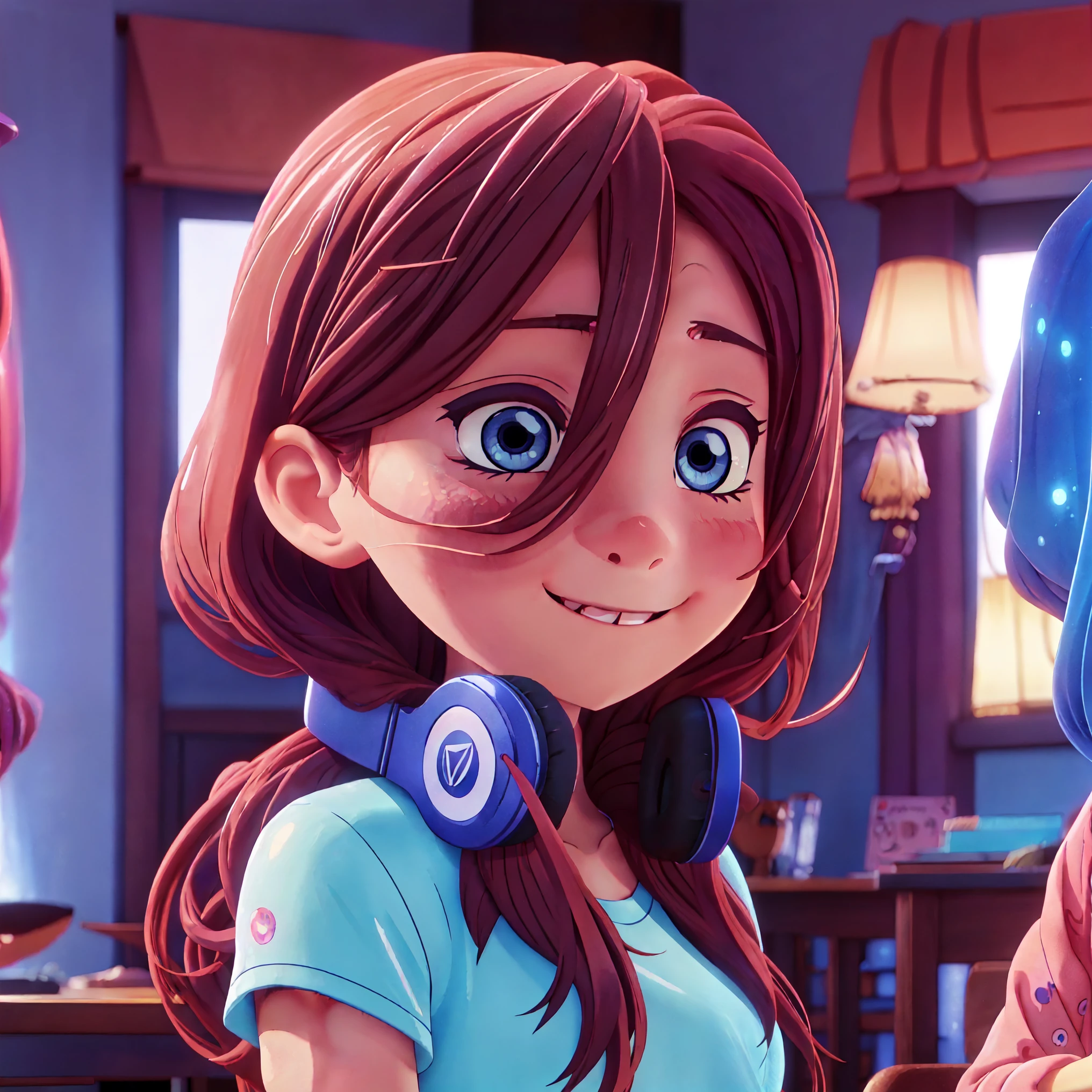 Miku Nakano, long fluffy red brown pink hair, headphones around neck, blue indigo eyes, dynamic pose, soft expressive face, sweet face, smile, iridescent, ((ballgown iridescent), colorful fantasia background, watercolor illustration, 4k, neat lineart, cute anime style, pretty, slim face, gorgeous girl