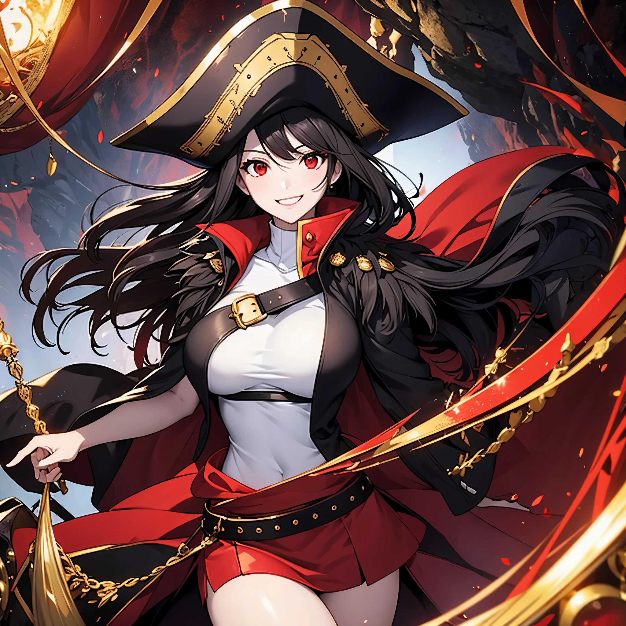 A woman wearing a white sleeveless shirt, a black coat with red details, a short red skirt, black hair, red eyes, a pirate commander's hat, in a cave full of gold, with a gold chest, big breasts, smiling.
