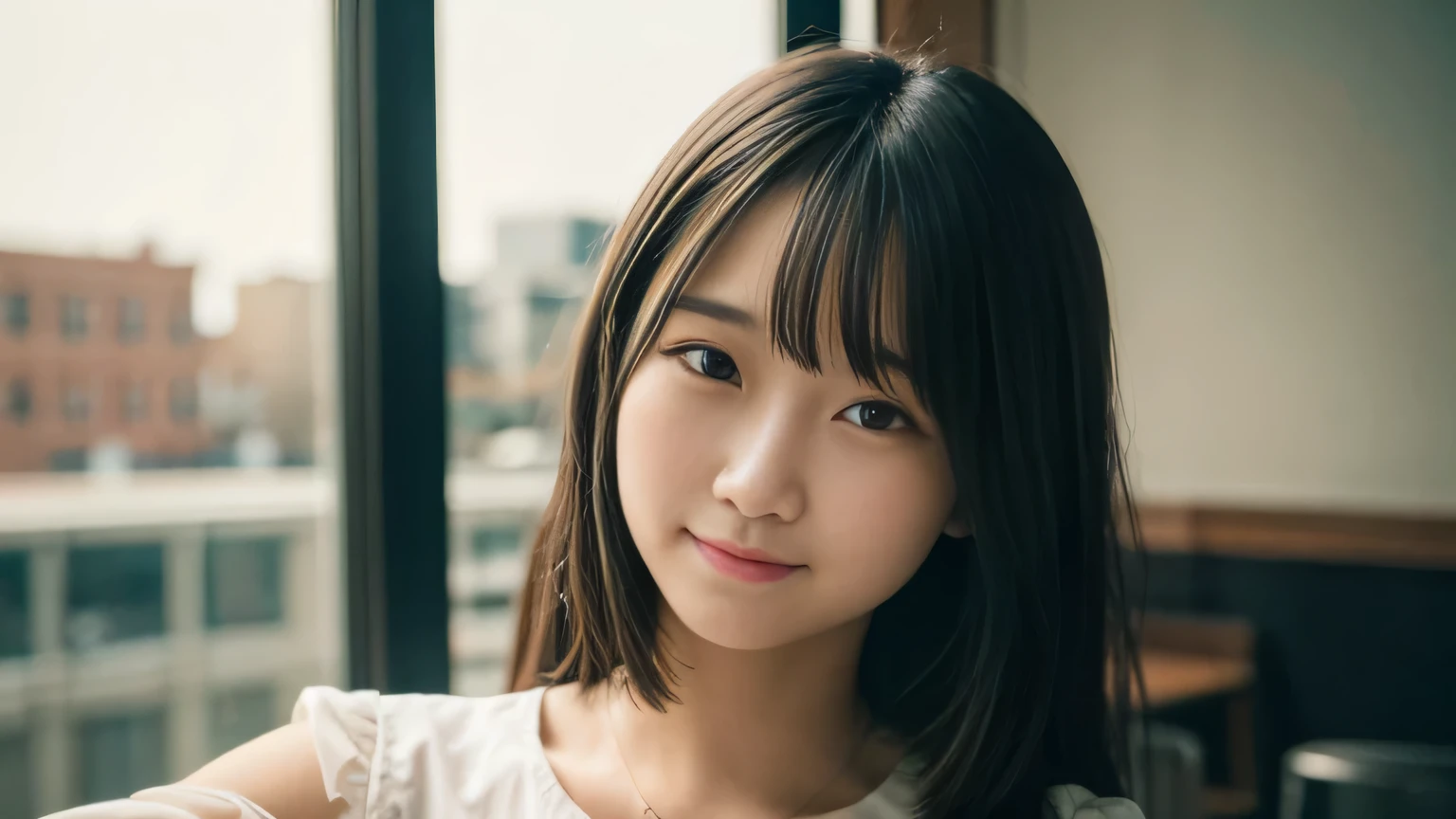 masterpiece, highest quality, 8K, person without order, (Upper body:1.4), white shirt, beautiful girl, cute face, looking at the viewer, smile, Super realistic, High resolution, photograph, sharp focus, HDR, face light, dynamic lighting, movie lighting, professional shadow, beautiful cafe background, best details, very detailed, Super detailed, finely, real skin, delicate features, detailed face and eyes, sharp pupils、Real students