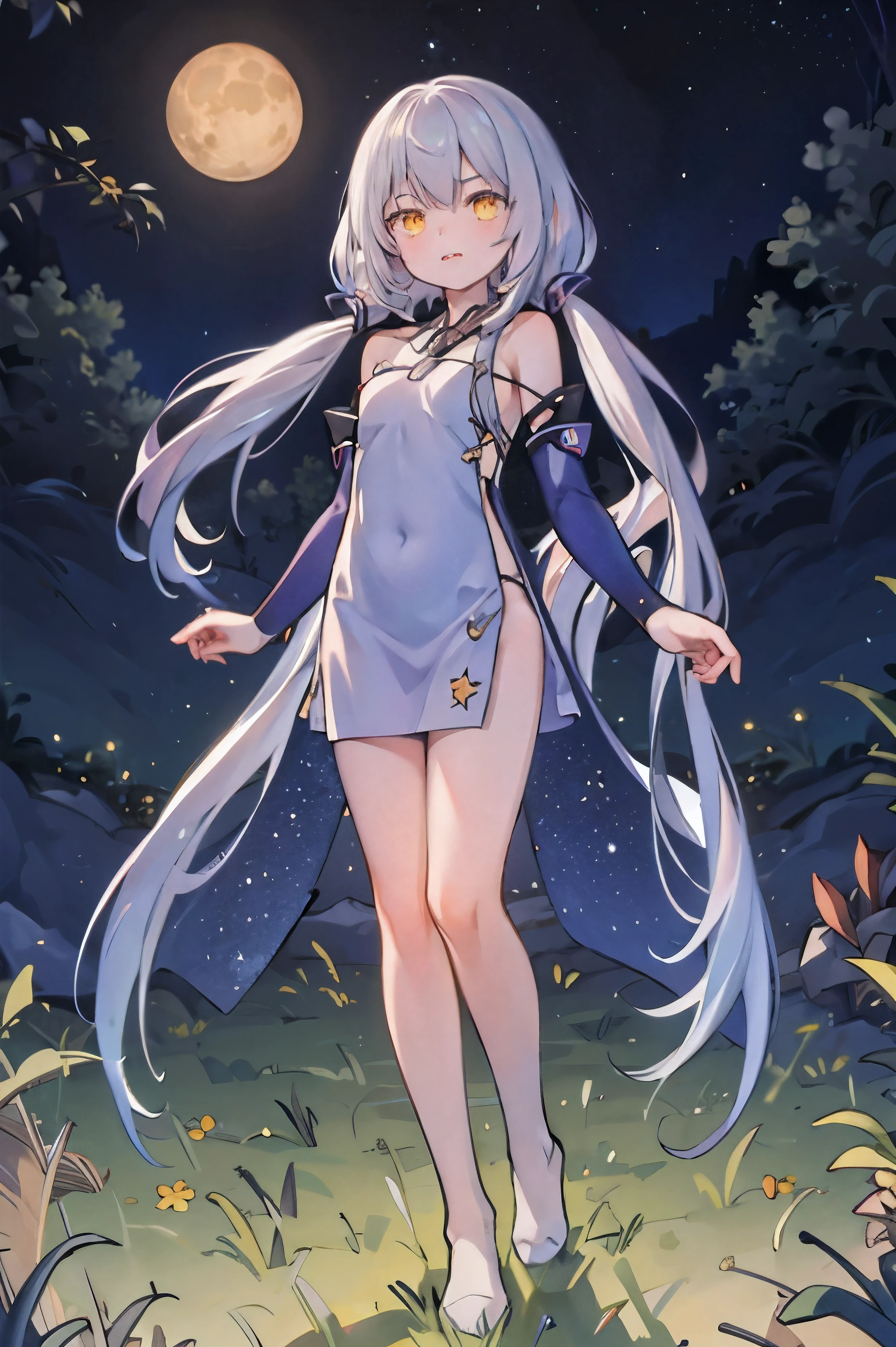 Soft long silver hair, shiny hair, glowing eyes, stary night, bright glowing moon, event horizon is in background, sharp image, detailed image, full body in frame, yellow eyes, cornfield, nude, outdoors, rising moon, stary sky, ambient, soft glowing, purple color palette