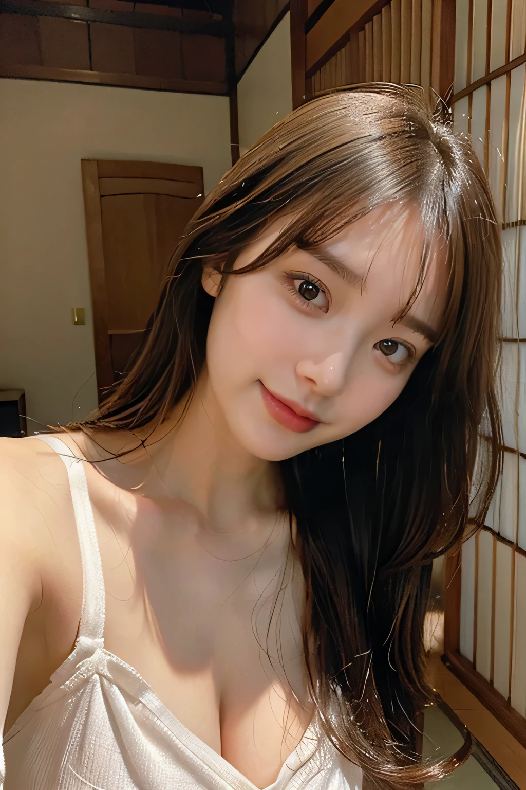 highest quality,live-action,whole bodyが映る、Kyoto、fine skin,beautiful breasts, long brown hair, 8K highly detailed face,transparent bra、straight hair、smile、 perfect face shape,absolutely perfect lips,whole body、 beautiful body line,perfect nose、beautiful eyes,erotic expression,masterpiece, beautiful girl,Japan female, 26 years old,look up,face of shame、cool beauty、beautiful armpits、T-back、T-shirt、visible from head to foot、long legs、Are standing、Take a picture of your feet、perfect fingers、plump body