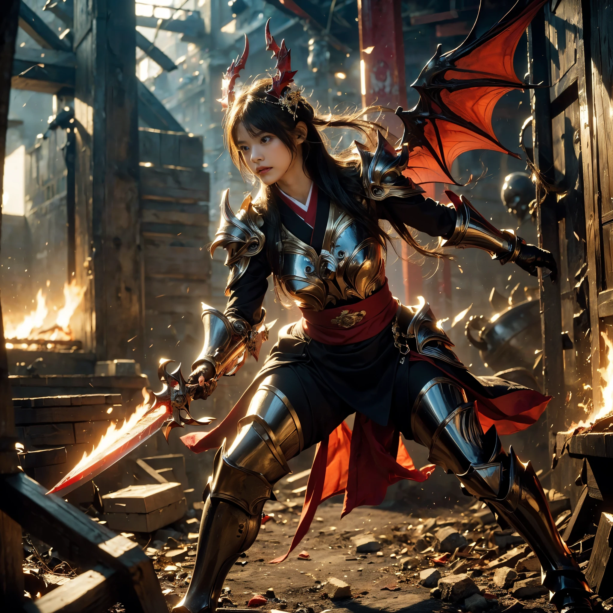 (((Realistic, masterpiece, best quality, crisp detail, high definition, high detail, very rich detail, sharp focus, sharp detail, colorful, perfect studio lightning))), ((20 years old devil, kasumi arimura, flying, floating)),(((in the middle of war, epic war scene, attack stance))), wearing (((beautiful decorated golden heavy armor, dragon armor, decorated full body armor, fully armored beautiful kimono, wide fire dragon wings))), (flying, swinging large blade, blood scattered face, blood tears, blood bath, blood shed), (((fire everywhere, blood everywhere, death everywhere, japan bakumatsu period, dead bodies,carcass,burned japanese castle,hellish,chaos, inferno)) traditional village background)