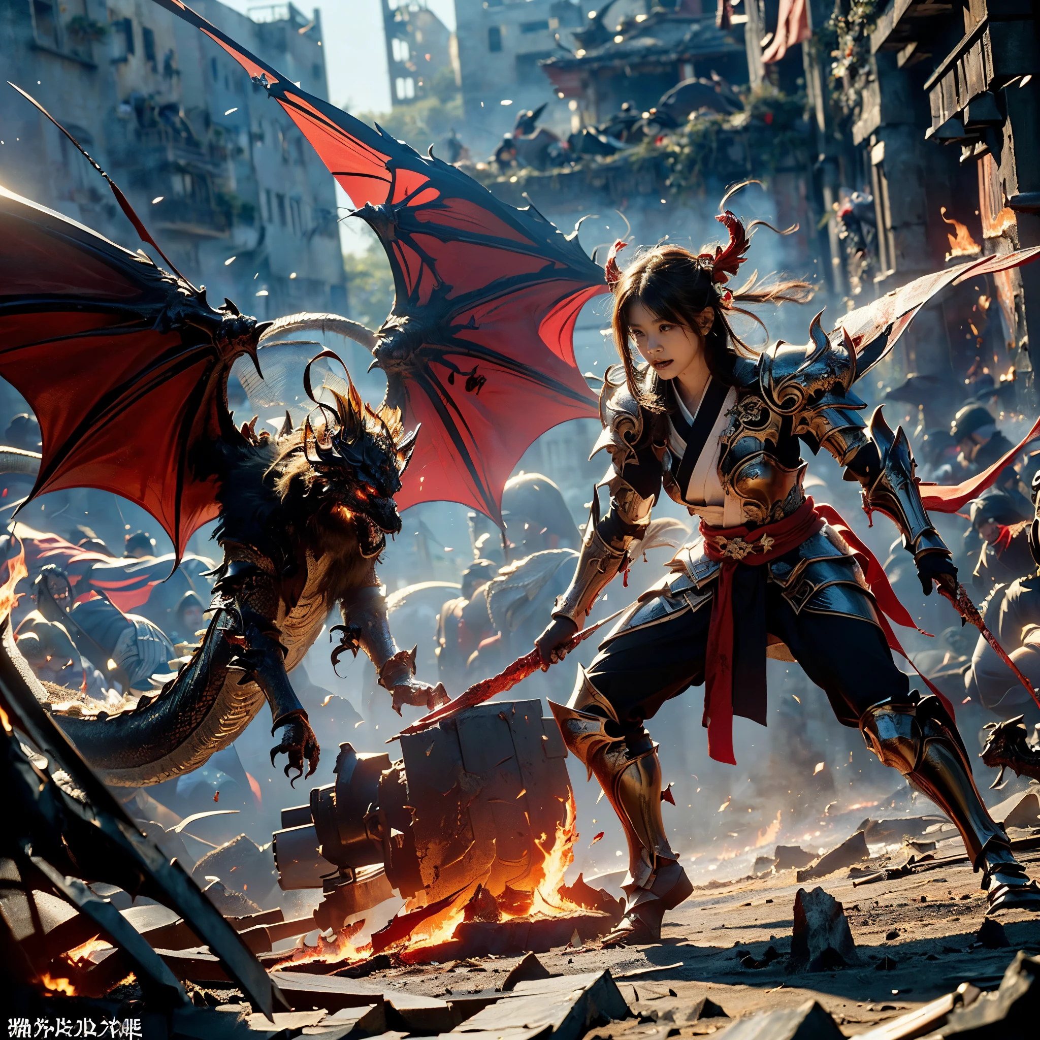 (((Realistic, masterpiece, best quality, crisp detail, high definition, high detail, very rich detail, sharp focus, sharp detail, colorful, perfect studio lightning))), ((20 years old devil, kasumi arimura, flying, floating)),(((in the middle of war, epic war scene, attack stance))), wearing (((beautiful decorated golden heavy armor, golden fire dragon armor, decorated full body armor, fully armored beautiful kimono, wide fire dragon wings))), (flying, swinging large blade, blood scattered face, blood tears, blood bath, blood shed), (((fire everywhere, blood everywhere, death everywhere, japan bakumatsu period, dead bodies,carcass,burned japanese castle,hellish,chaos, inferno)) traditional village background)