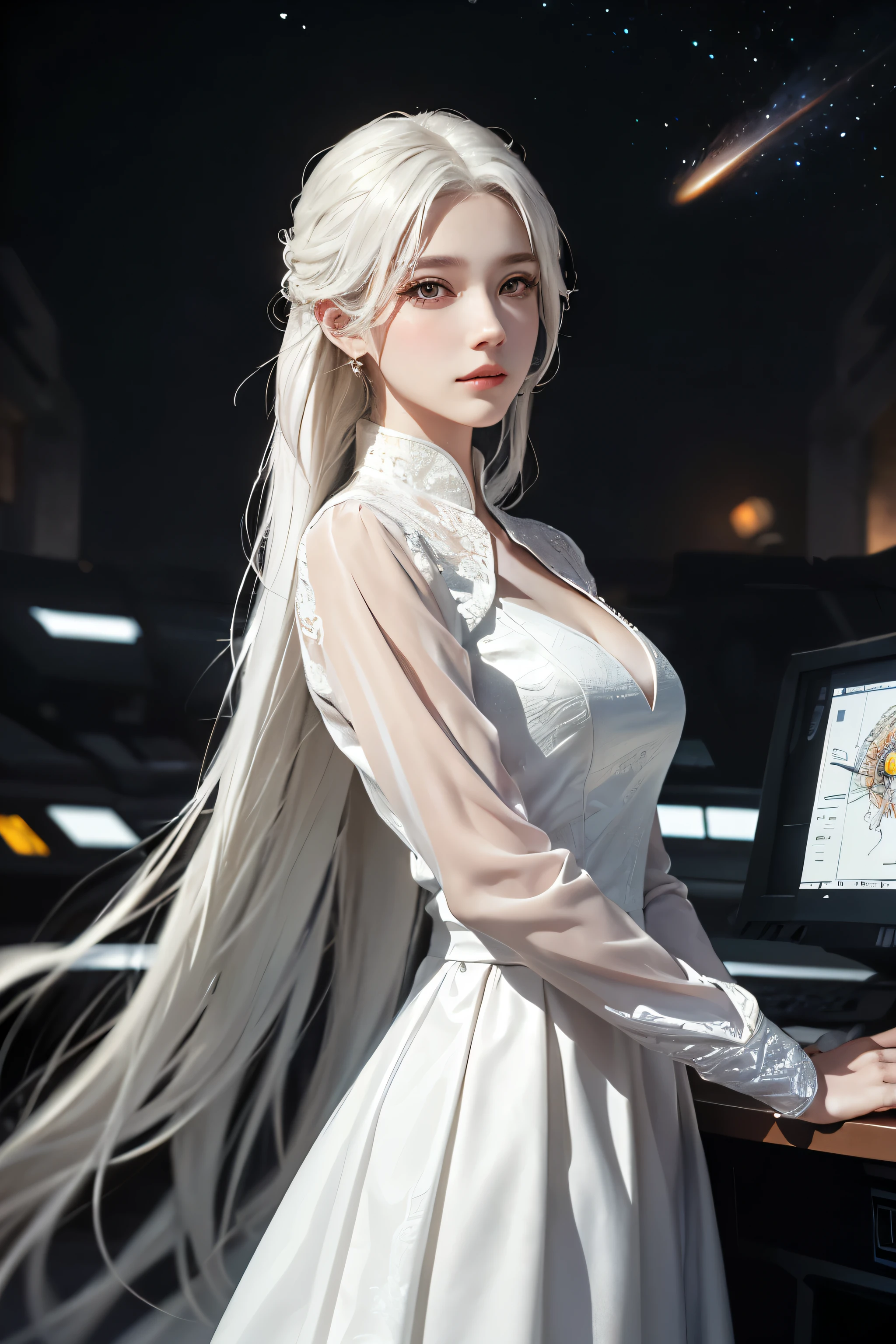 Beautiful woman with，Exuding the aura of fanatical power，floating in the universe，Step out of the giant robot cockpit，Technology control room，white long sleeve dress，whole body，long skirt，Radiate brilliance，（Fly in the sky，divine light,masterpiece：1.4），（best quality：1.4），（beauty girl，Very rich facial details，white hair， hair loose，luster， Bokeh， Ultra-detailed RAW quality, moon，Milky Way，snow，close up, （Manipulate light），lifelike, High resolution, soft light,1 miss, keen vision, noble and inviolable temperament, (([miss]: 1.2 + [beauty]: 1.2 + Long white hair: 1.2)), Bright Eyes, clear beauty, beauty delicate eyes, Good 8KCG wallpaper, official art， super detailed， masterpiece， best quality，