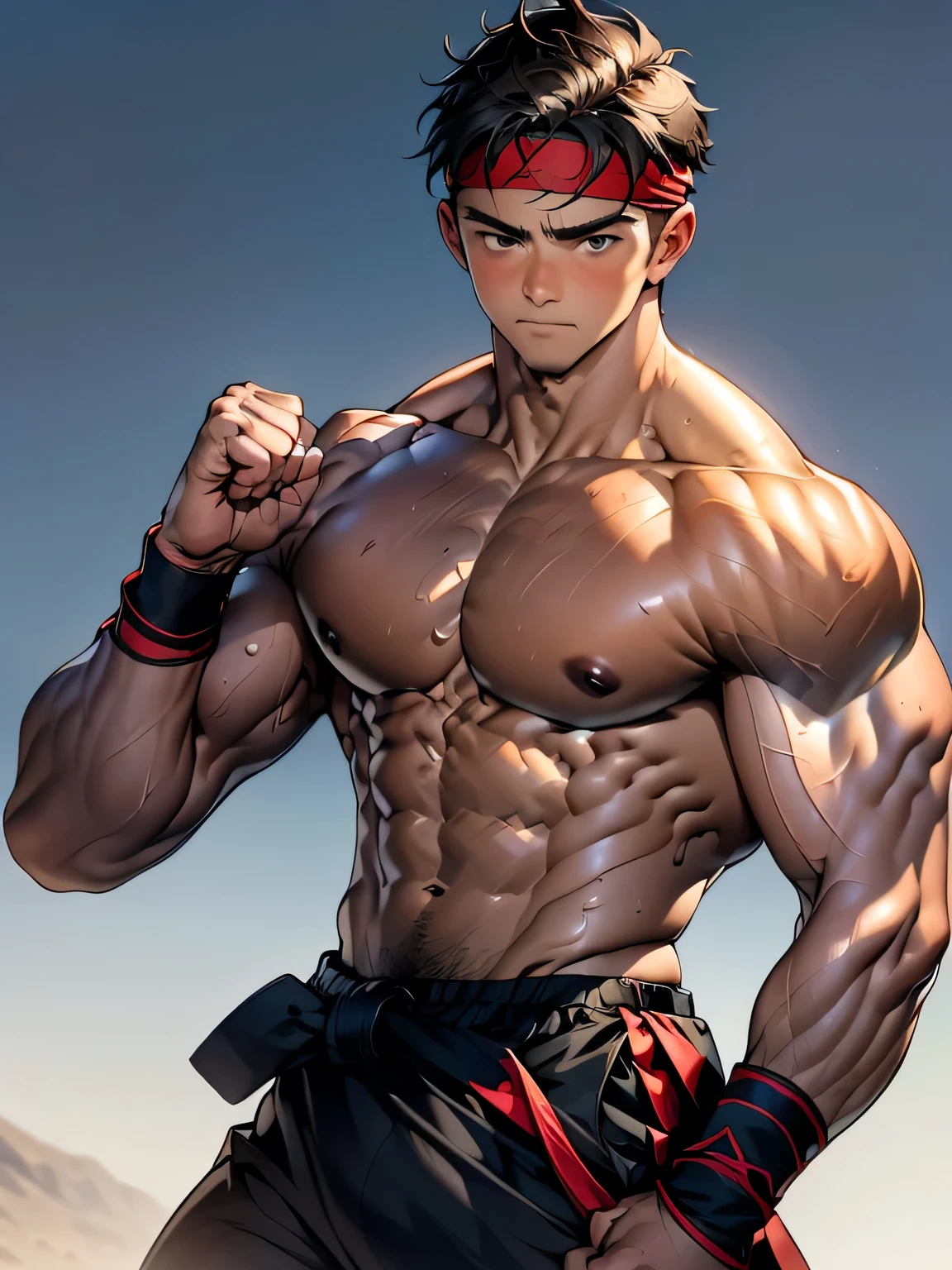 (Masterpiece, Best quality 18 year old boy, simple background, cowboy shot), focus boy, solo, Young, boy, full bodyesbian, Shirtless, topless, (Dark Short straight hair, under cut, brown eyes), (torn cloth, red headband, ((black wristband))), Vivid colors, (hot Abs, big breast, chest muscle, upper arms), (topless male), closed mouth, serious, tight muscler body, Man with martial arts stance, (((epic martial arts pose)))