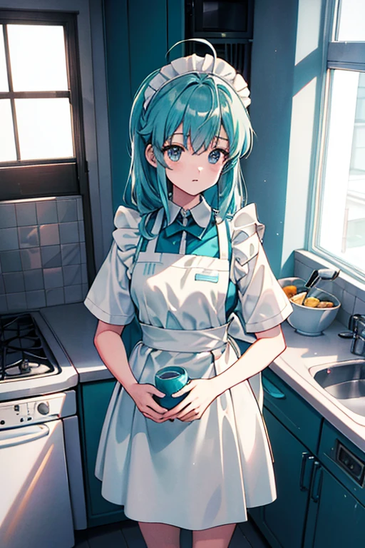 ahoge, aqua hair, grey eyes, maid uniform, standing, Straight Face, Fair skin, indoors, kitchen, from above, 1990s (style), --niji 5 --ar 2:3 --s 100