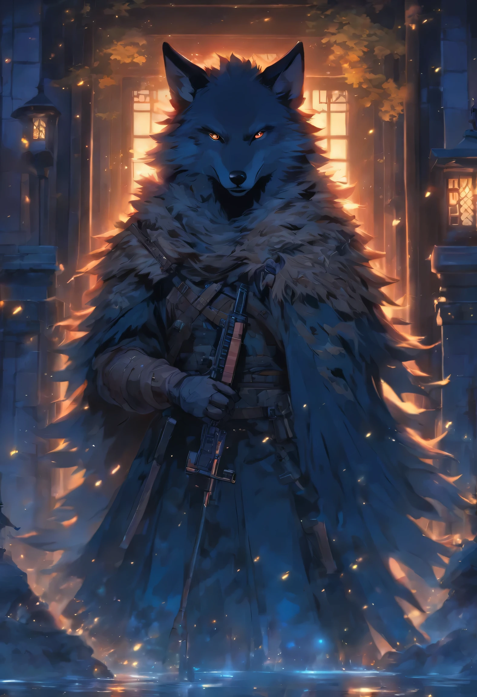 With a sniper rifle、Or a wolf that can shoot,Level 8, cinematic light and reflections, Intermediate virtual universe elements,number, Dim sky,Skylight at night,Create a terrifying atmosphere,Cloudy, Bird's-eye view, Architecture of medieval Europe,glazed tiles,masterpiece, high quality, nice graphics, high detail,