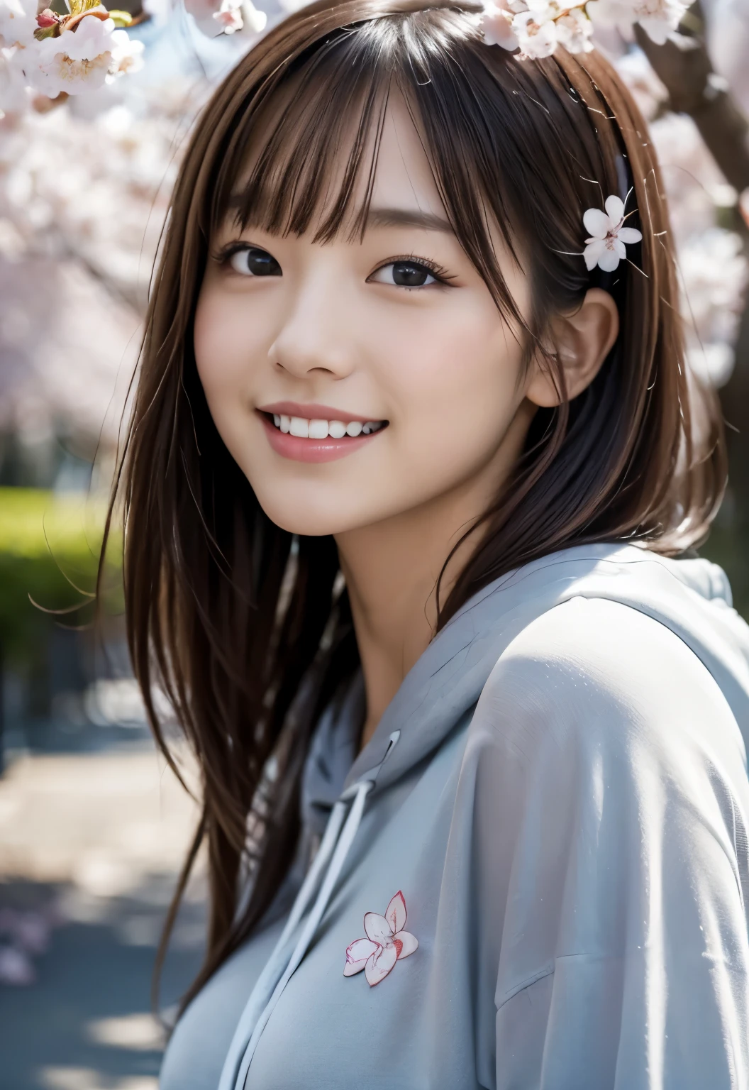 (((cherry blossoms:1.3, outdoor, Photographed from the front))), ((long hair:1.3,hoodie,Smile,japanese woman,cute)), (clean, natural makeup), (highest quality, masterpiece:1.3, 超High resolution), (Super detailed, caustics), (realistic:1.4, RAW shooting), very detailed, High resolution, 16K resolution