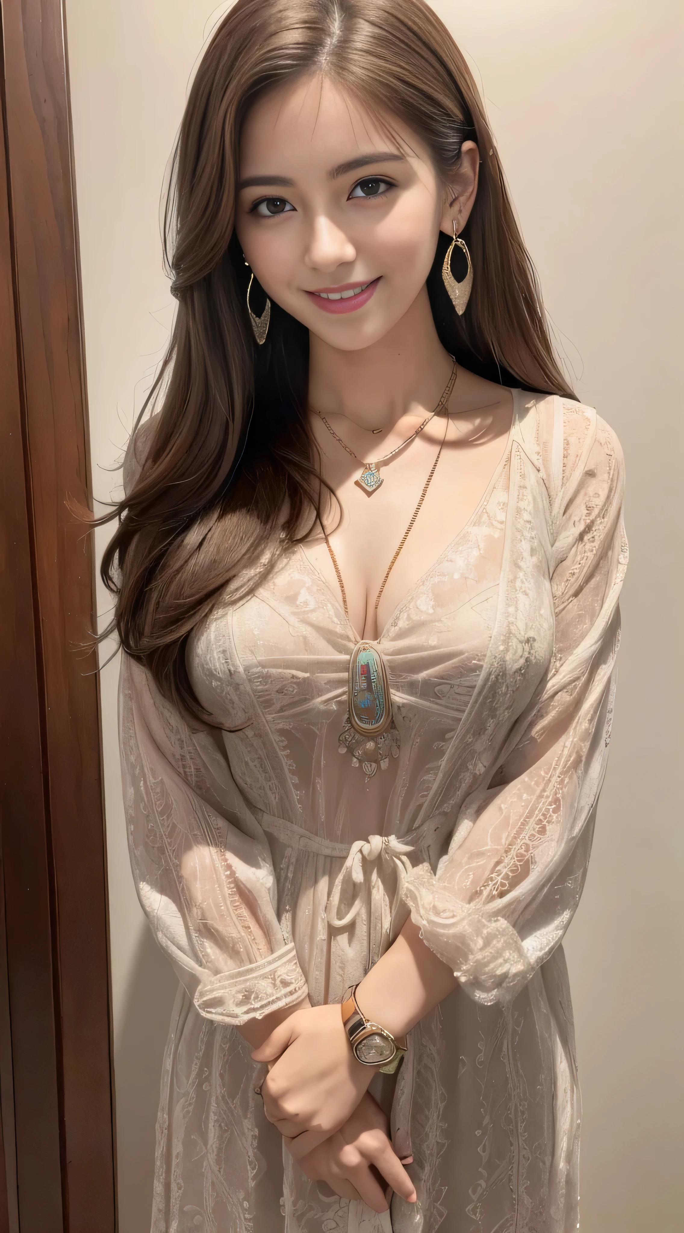 highest quality, masterpiece, 8K, ultra high resolution, (realistic: 1.4), 1 girl, beautiful face, symmetrical eyes, big, perfect body proportions, ((long hair))、((brown hair)), the gaze of the beholder,Front view, Absolute area (1.3),friendly smile、cowboy shot,intricately patterned shirt dress:1.3、((shy smile:1.3)),((necklace＿Large earrings:1.2)),((Angle from directly above:1.1)),