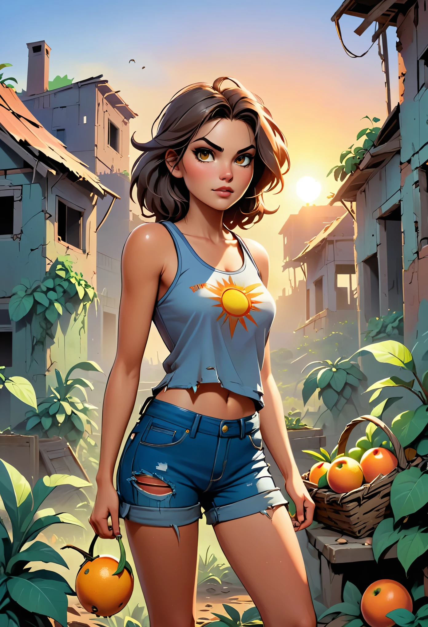 2076 year. n.UH. The Urban Ruins of the Wasteland, Female huntress picking fruit in the garden, pretty  face, Ragged shirt and denim shorts ,  legs long, Sweat through, sun rising, Nice warm colors, Full body photo from head to toe