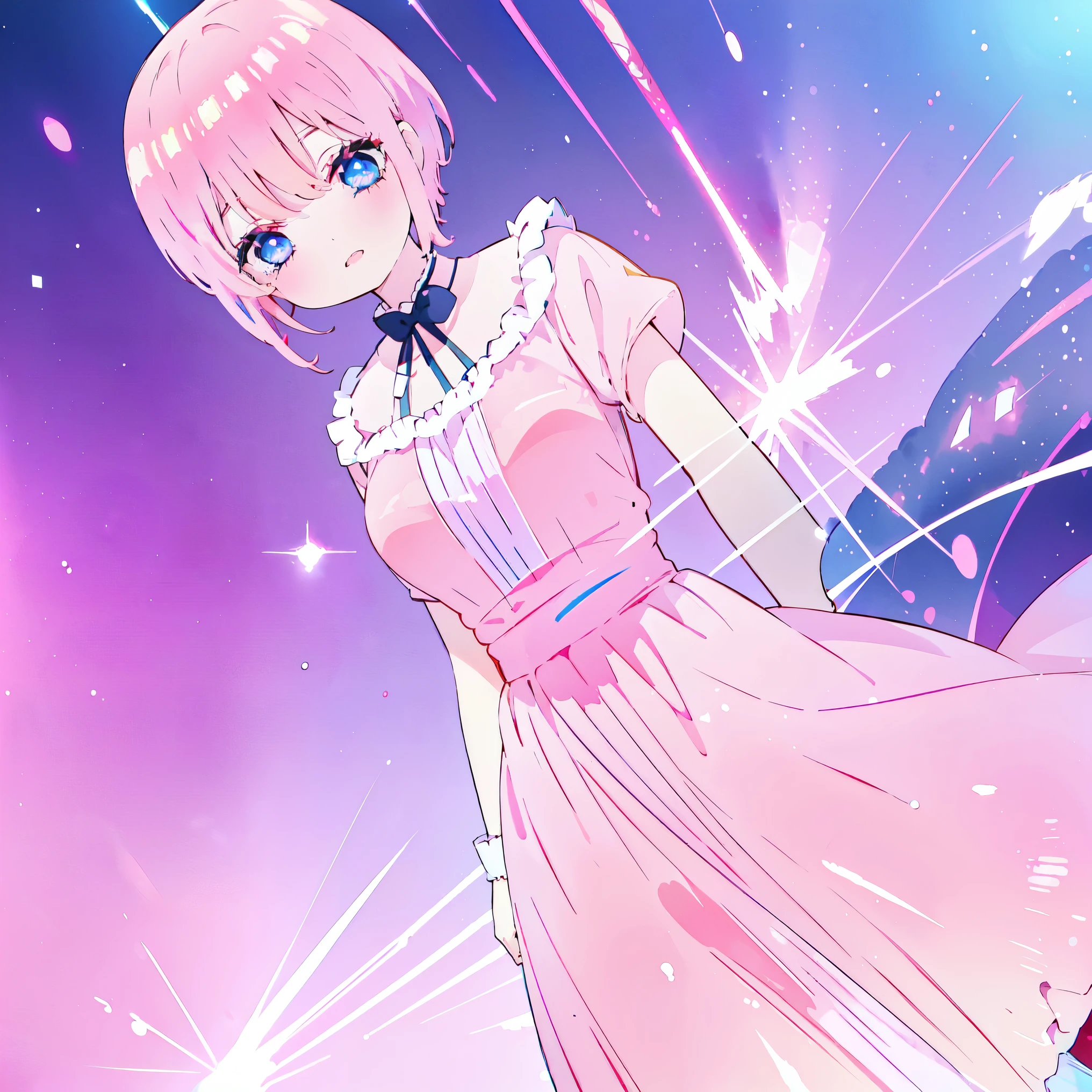 Ichika Nakano, short pink shiny hair, dynamic pose, soft expressive face,, sweet face, smile, iridescent, ((ballgown iridescent), colorful fantasia background, watercolor illustration, 4k, neat lineart