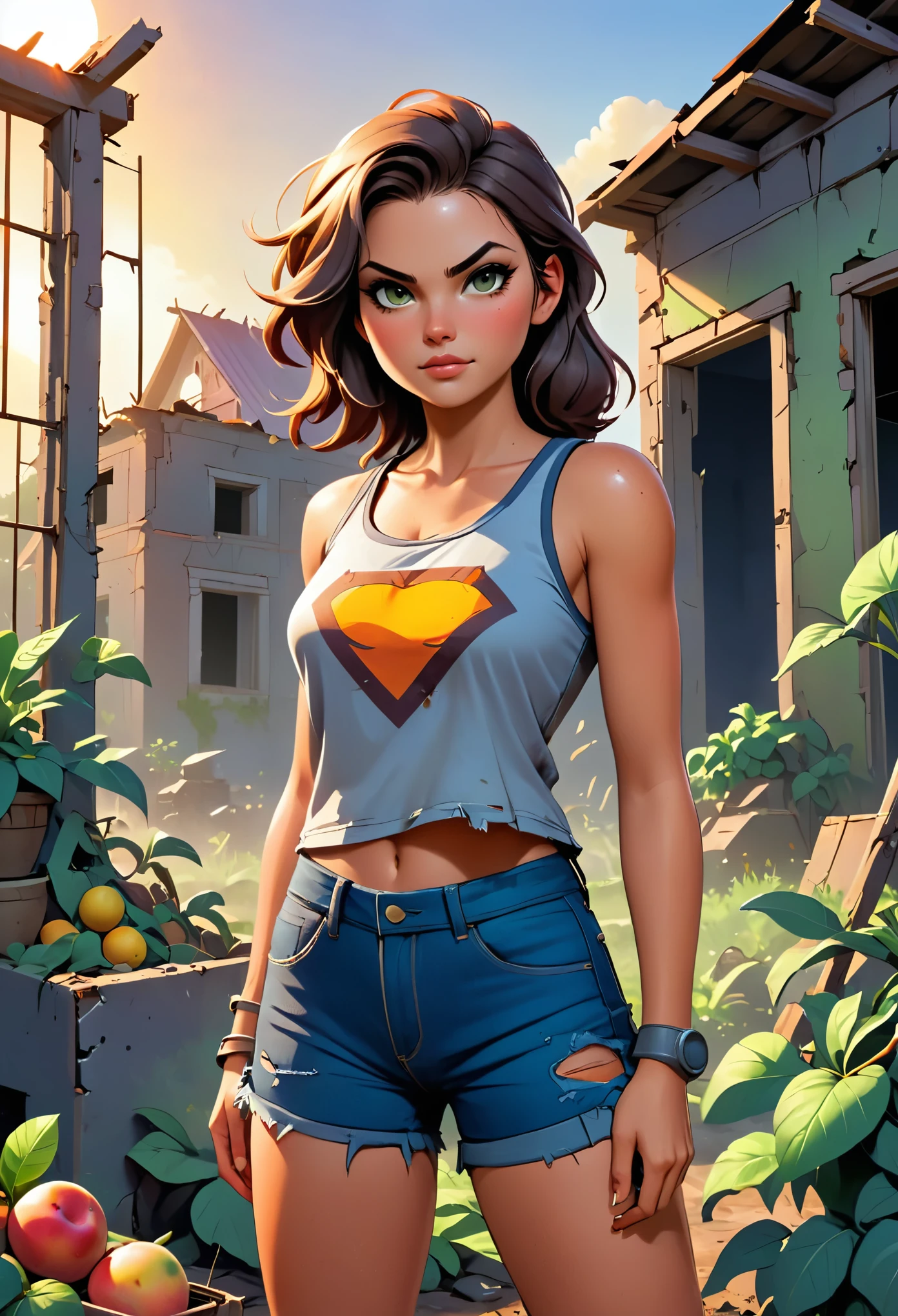 2076 year. n.UH. The Urban Ruins of the Wasteland, Female huntress picking fruit in the garden, pretty  face, Ragged shirt and denim shorts ,  legs long, Sweat through, sun rising, Nice warm colors, Full body photo from head to toe