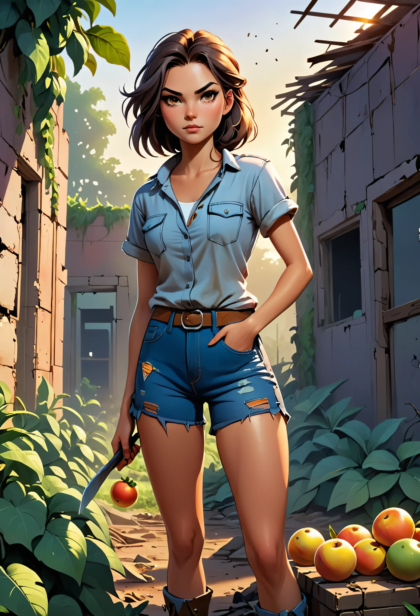 2076 year. n.UH. The Urban Ruins of the Wasteland, Female huntress picking fruit in the garden, pretty  face, Ragged shirt and denim shorts ,  legs long, Sweat through, sun rising, Nice warm colors, Full body photo from head to toe