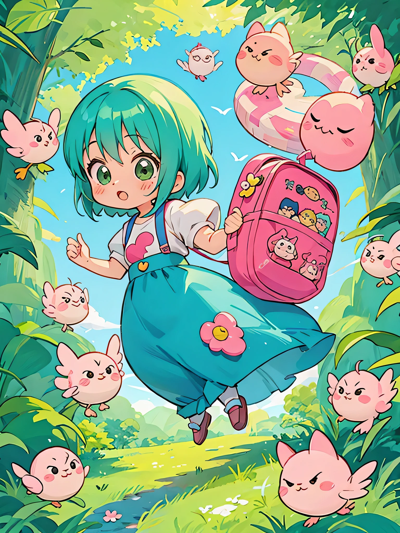 akira toriyama style, Kawaii Design, most beautiful girl ever、Chibi, beautiful spring afternoon、birdie、Cherish your time