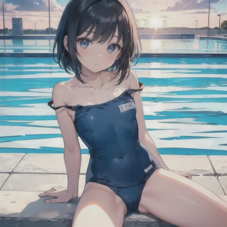 cinematic lighting、highest quality、(1 female)、school swimwear、しゃがんでopen your legs、open your legs、embarrassing、school pool、black haired、butt。master piece, highest quality, highest level, Highest image quality, muscle piece, intricate details, high resolution, depth field, Natural light, professional lighting, old style school swimwear, navy blue school swimsuit, ((The shoulder straps of the swimsuit slip off)), from below、((from the front)), ((Concrete background)),