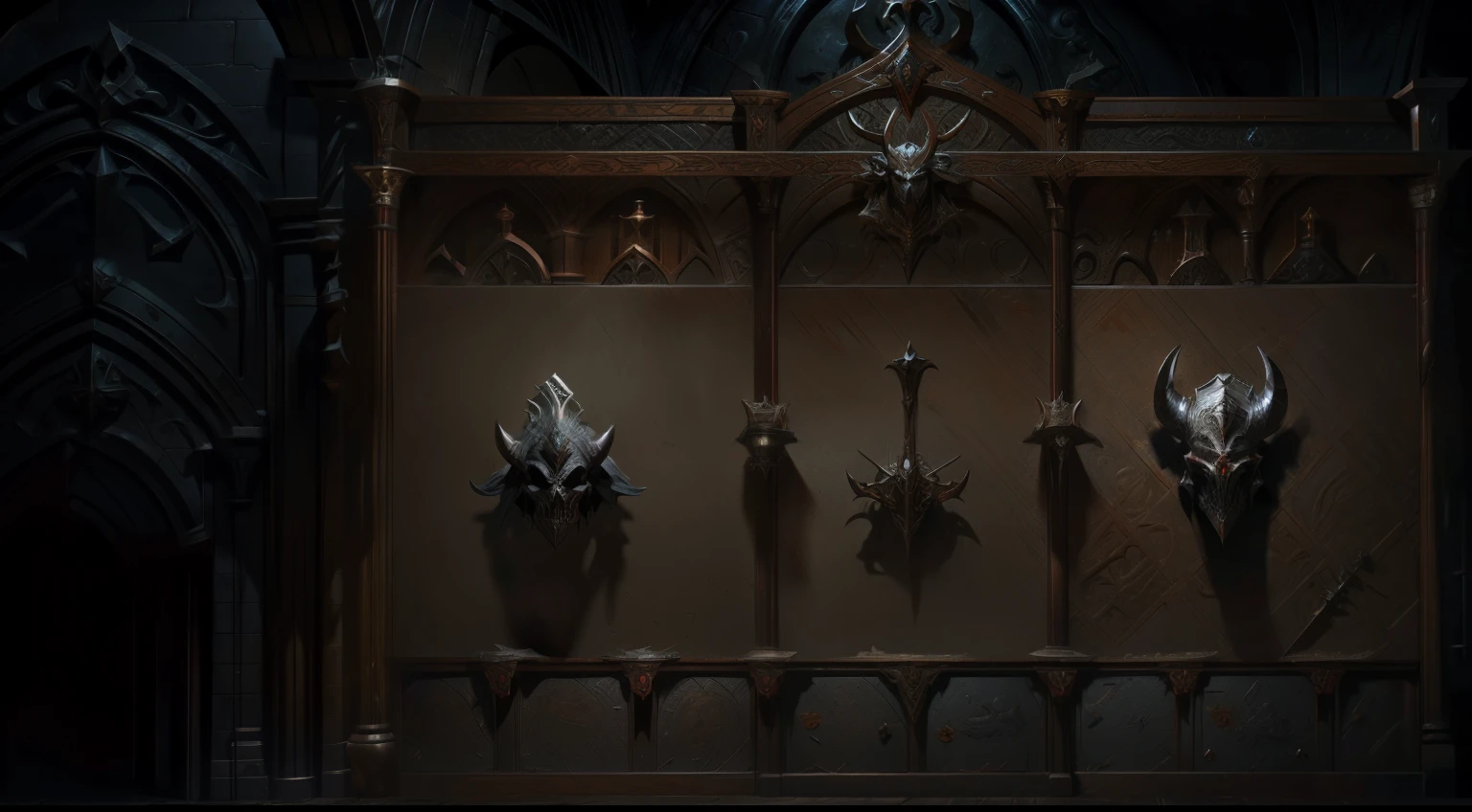 A large medieval shelf，Small devil head decoration，Storage Racks，concept art,  game overlay, 8k hd wallpaperjpeg artifact, 8 k hd wallpaperjpeg artifact, warcraft blizzard weapon art,Demon Head,  card frame, Metal, Diablo concept, Blizzard concept, game concept design，（Do not appear characters related),