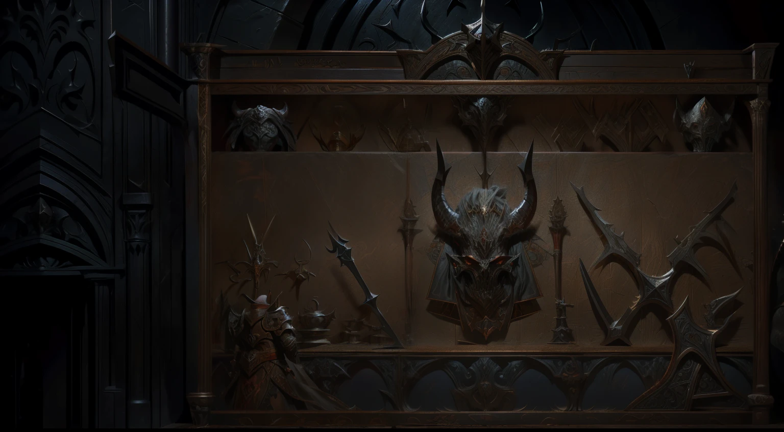 A large medieval shelf，Small devil head decoration，Storage Racks，concept art,  game overlay, 8k hd wallpaperjpeg artifact, 8 k hd wallpaperjpeg artifact, warcraft blizzard weapon art,Demon Head,  card frame, Metal, Diablo concept, Blizzard concept, game concept design，（Do not appear characters related),