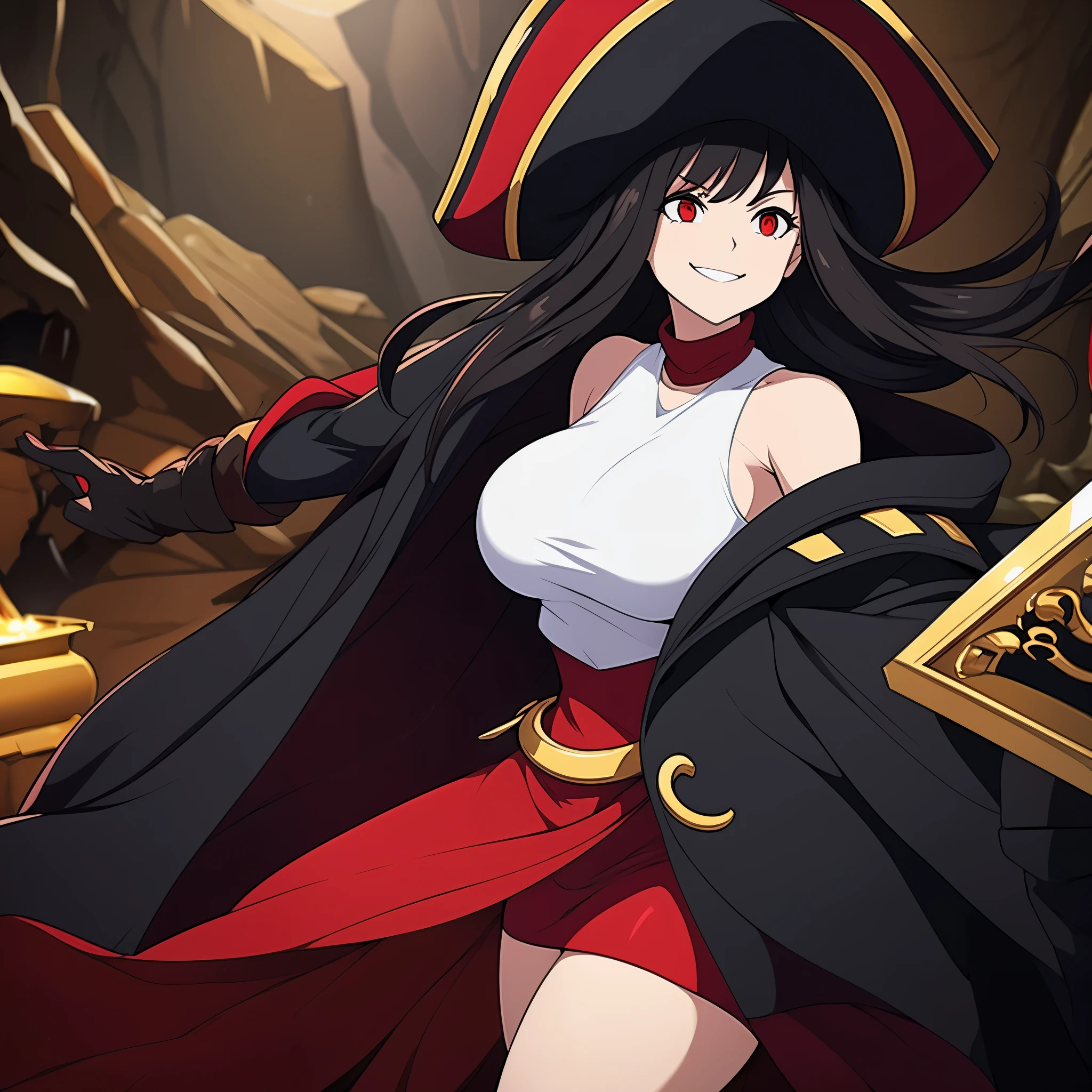 A woman wearing a white sleeveless shirt, a black coat with red details, a short red skirt, black hair, red eyes, a pirate commander's hat, in a cave full of gold, with a gold chest, big breasts, smiling.
