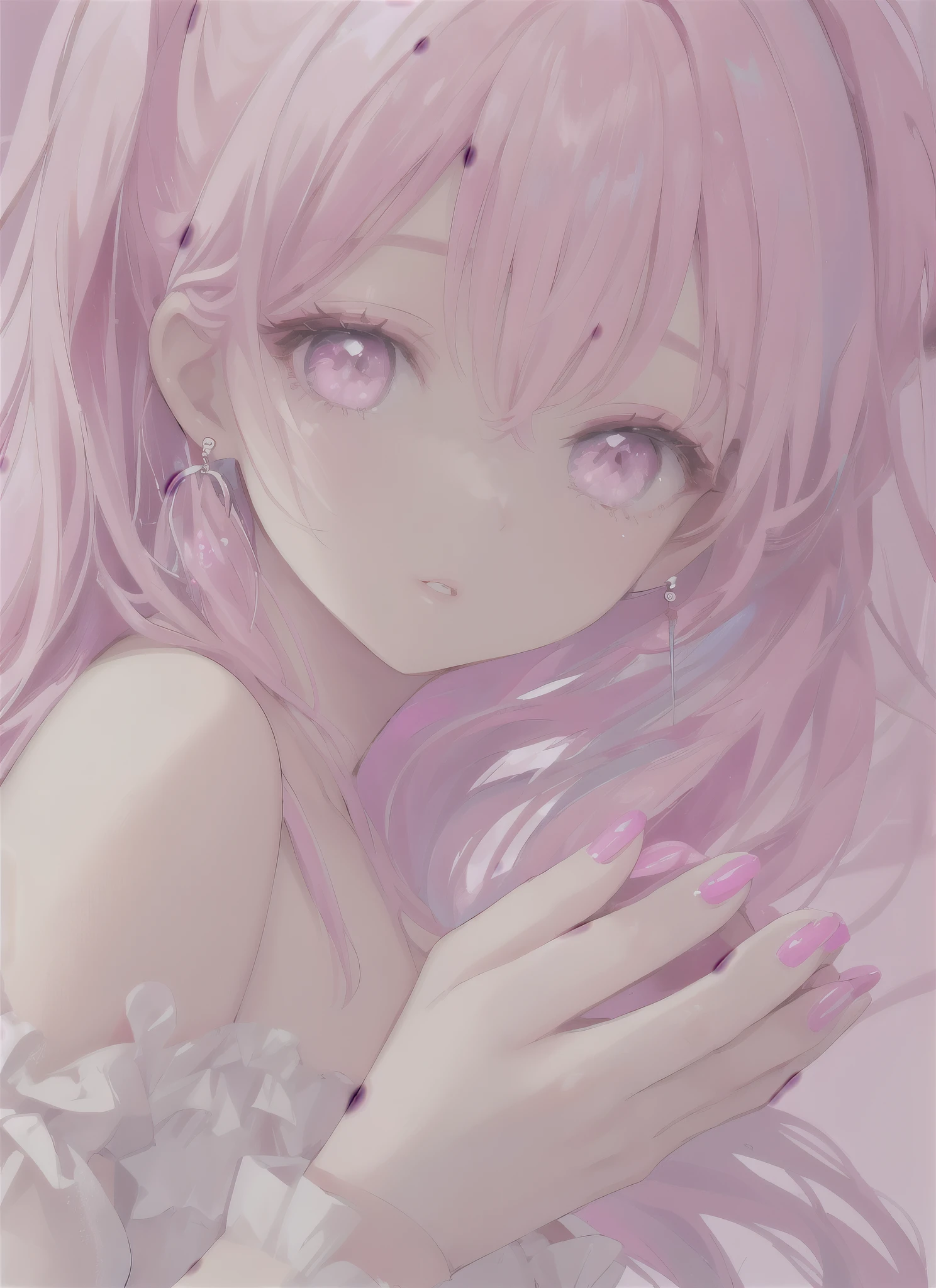 1 girl, alone, looking at the viewer, pink hair, earrings, jewelry, pink eyes, parted lips, pink nails, bangs, Upper body, nail polish, bare shoulders, high style, beautiful eyes