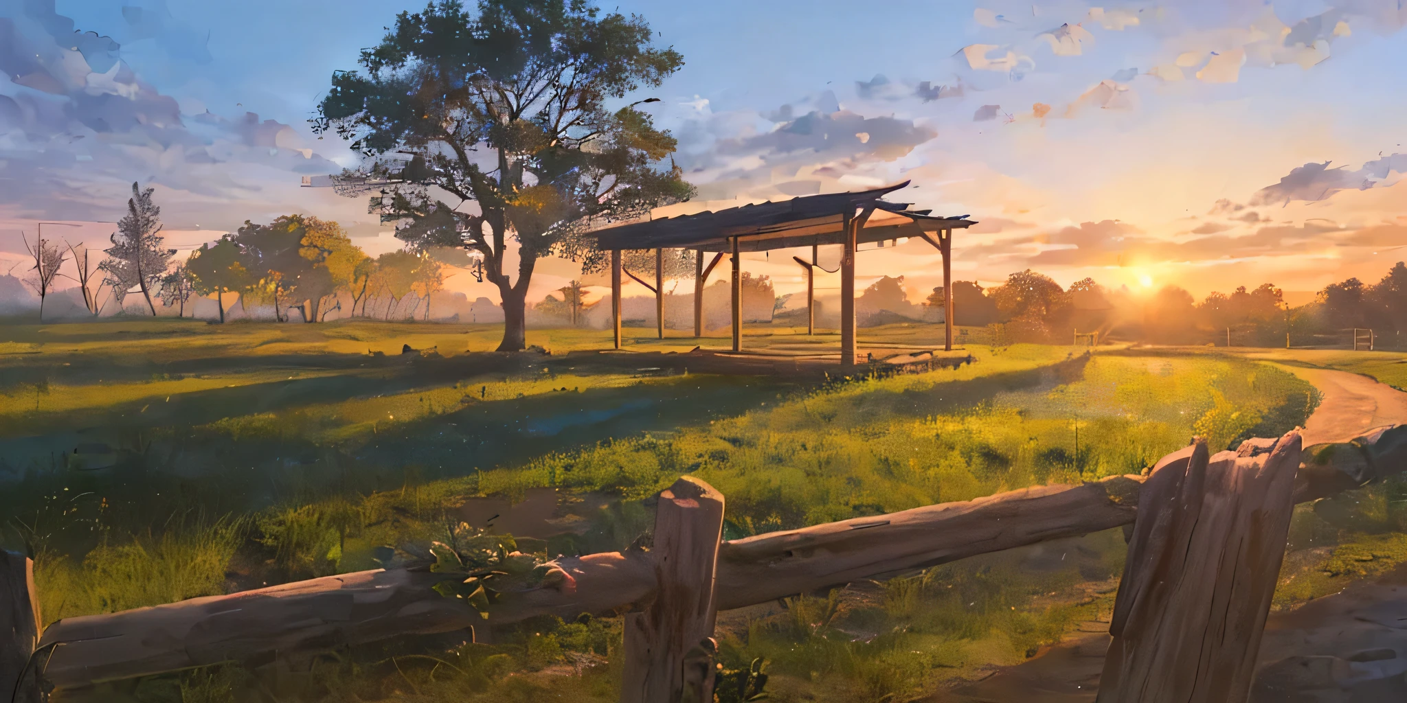 (((melhor qualidade)),blue_sky, arbusto, nuvem, dia, campo, floresta, grama, colina, evento de esportivo radical, gazebos de espositores, montanha, natureza, on_grass, ao ar livre, aberto, caminho, planta, power_lines, estrada, ruins, paisagem, heaven, sun sunset, tree, twilights, utility_pole
