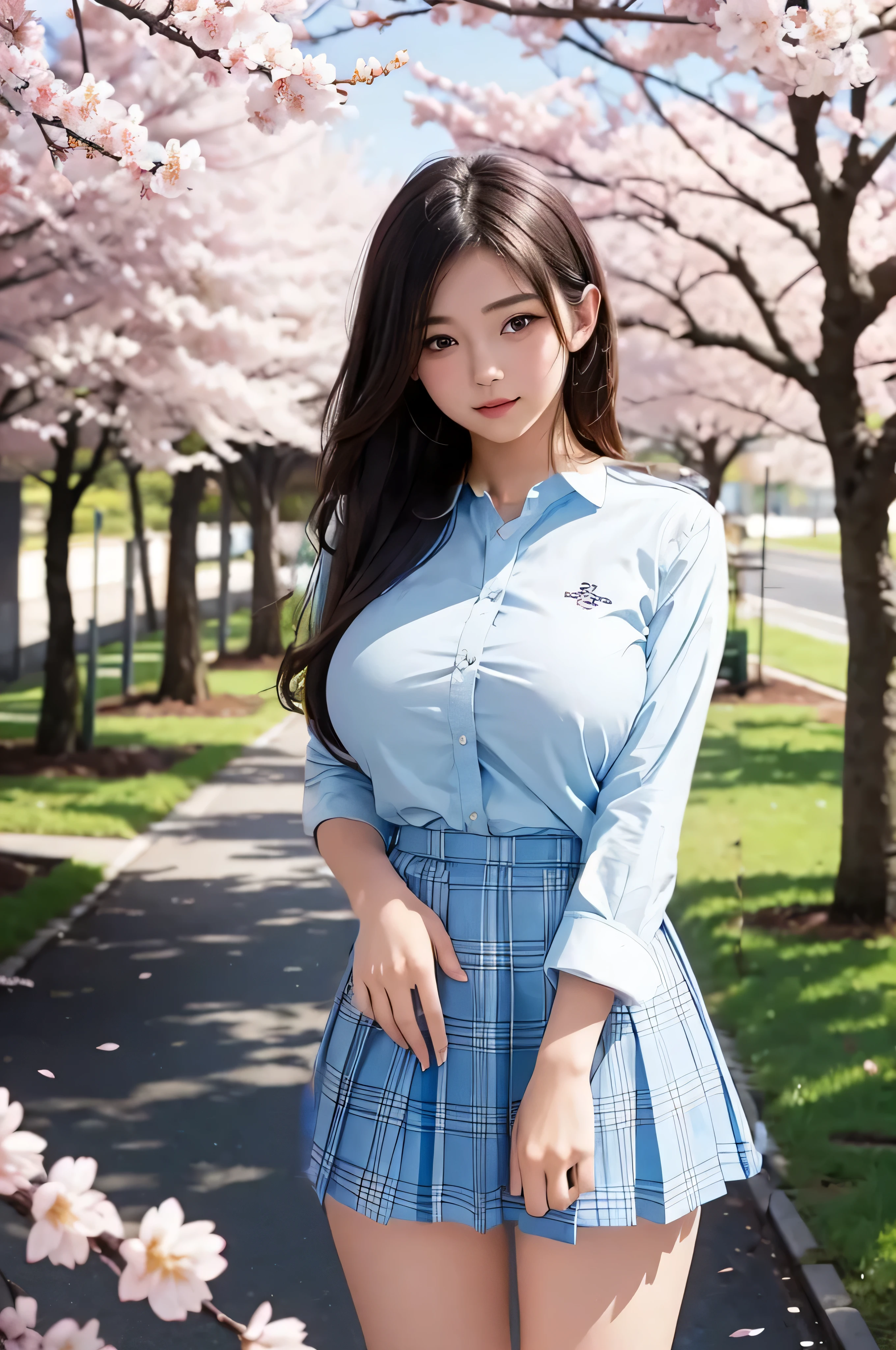 Changed to an 18-year-old high school girl with big breasts wearing a dress shirt and blue plaid miniskirt uniform.。