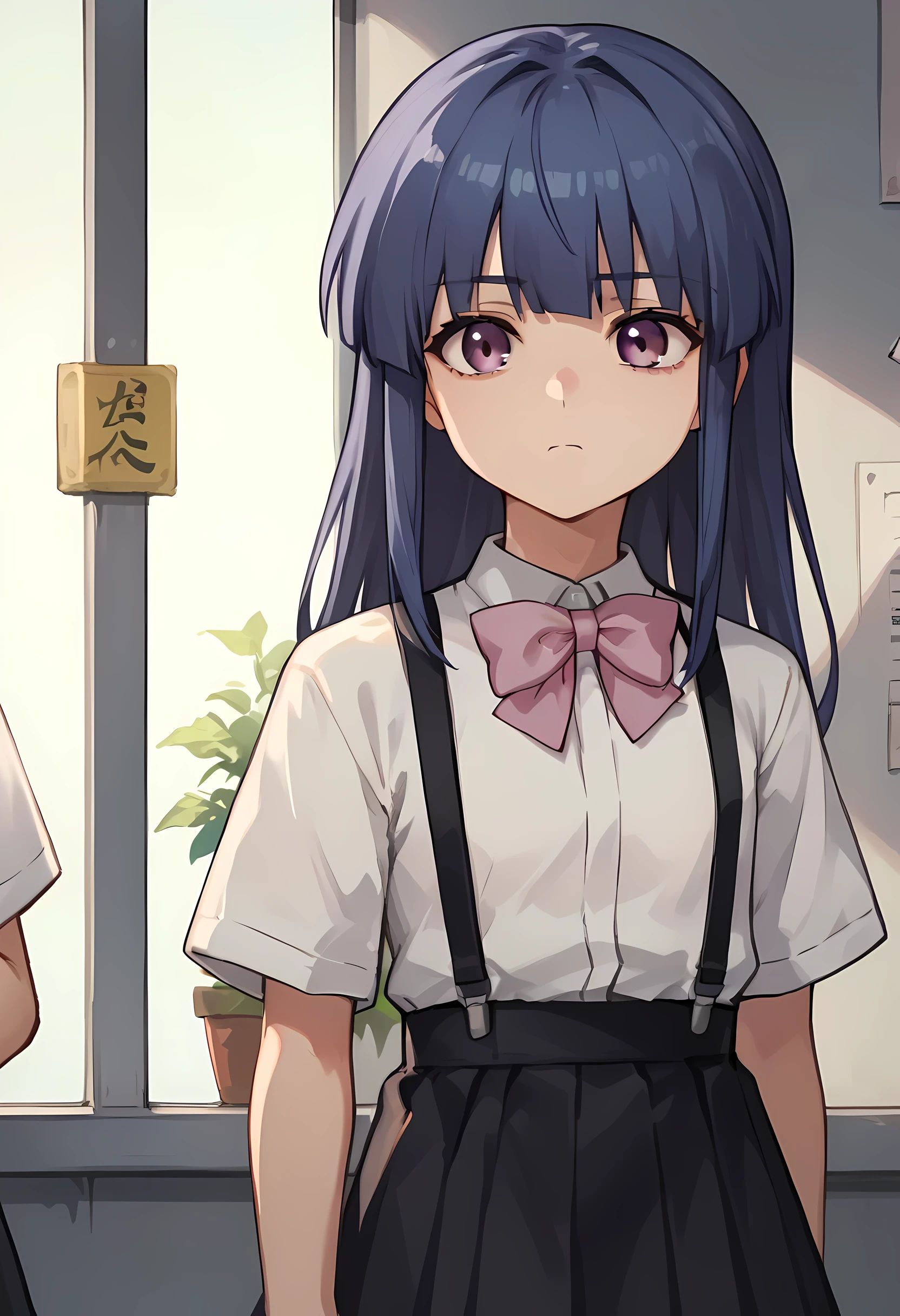 score_9, score_8_up, score_7_up, source_anime, furude rika, blue hair, purple eyes, white shirt, pink bow, suspenders, black skirt 