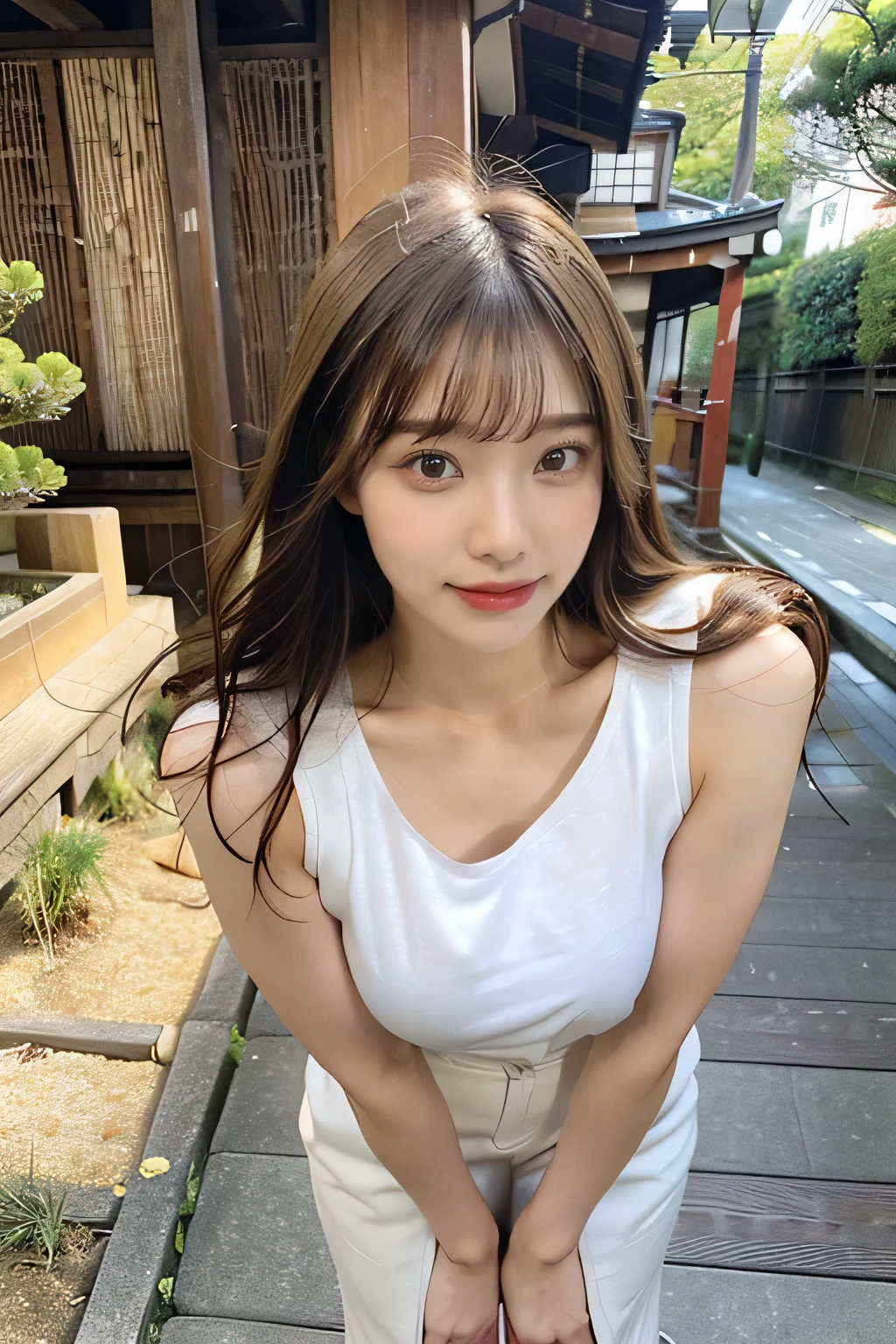 highest quality,live-action,whole bodyが映る、Kyoto、fine skin,beautiful breasts, long brown hair, 8K highly detailed face、show off nipples under white shirt、straight hair、smile、 perfect face shape,absolutely perfect lips,whole body、 beautiful body line,perfect nose、beautiful eyes,erotic expression,masterpiece, beautiful girl,Japan female, 26 years old,look up,face of shame、cool beauty、beautiful armpits、T-back、T-shirt、visible from head to foot、long legs、Are standing、Take a picture of your feet、perfect fingers、plump body