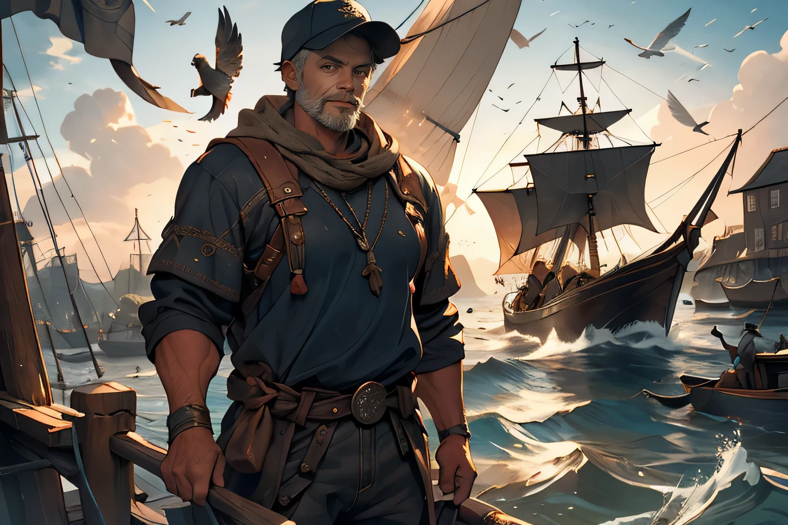 As the first light of dawn breaks over the horizon, the fishermen of Marinalis gather at the bustling docks, preparing to embark on their perilous voyage into the unknown depths of the Aestorian Sea. Clad in weathered leather boots and thick woolen cloaks, they stand tall and resolute, their faces weather-beaten from years of toil upon the waves. With calloused hands, they hoist the sails of their sturdy fishing vessels, adorned with intricate carvings and mystical symbols to ward off the ancient sea spirits that dwell beneath the surface.