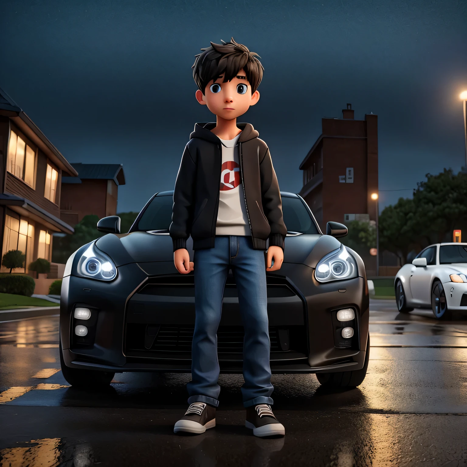 Please describe the scene of the young man wearing a hood., wearing black sweatshirt and jeans, standing on the sidewalk on a rainy night. He sees a shiny GTR R35 car passing on the road。., The longing reflected in your eyes. Headlight light reflects on surrounding puddles, Like the rain falling gently on him. The sound of a powerful engine echoes in the air, Mixed with the sound of rain. The boy remains motionless., Be fascinated by the elegance and speed of cars, I dream of the day when I can get behind the wheel of such an impressive machine.
