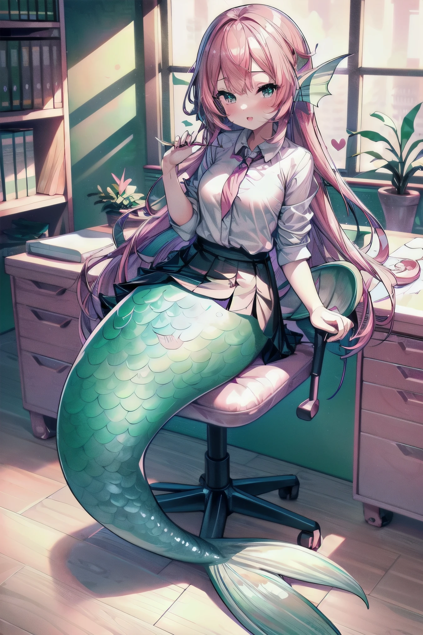 (masterpiece, best quality), A young girl office secretary,Mermaid,Long pink hair,green mermaid tail,Wear a transparent white shirt、black office skirt,sitting in office chair, (Delicate skin:1.3),(delicate eyes), (sharp focus), 