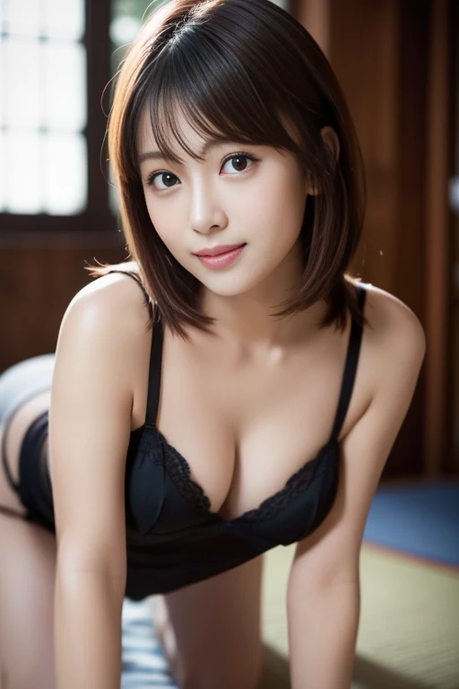 in 8K,Best Quality:1.4, 超A high resolution:1.5, (Photorealistic:1.4),masterpiece:1.2,(top-quality:1.4)、 Raw photo、FULL BODYSHOT、 1 japanese girl, Cute, (Solo), (A slight smil), Smooth skin、(30-years old:1.4)、 (Brown medium hair,Bangs),、nogizaka、cute little、Beautiful eyes、natural skin textures:1.3, realistic eyes and face details:1.7、middlebreasts、beauty legs、autumnal、portrait of a full body, panties ,crawl on all fours、From the back、