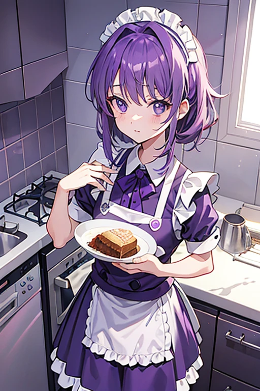 messy hair, purple hair, purple eyes, maid uniform, standing, Straight Face, Fair skin, indoors, kitchen, from above, 1990s (style), --niji 5  --ar 2:3 --s 100
