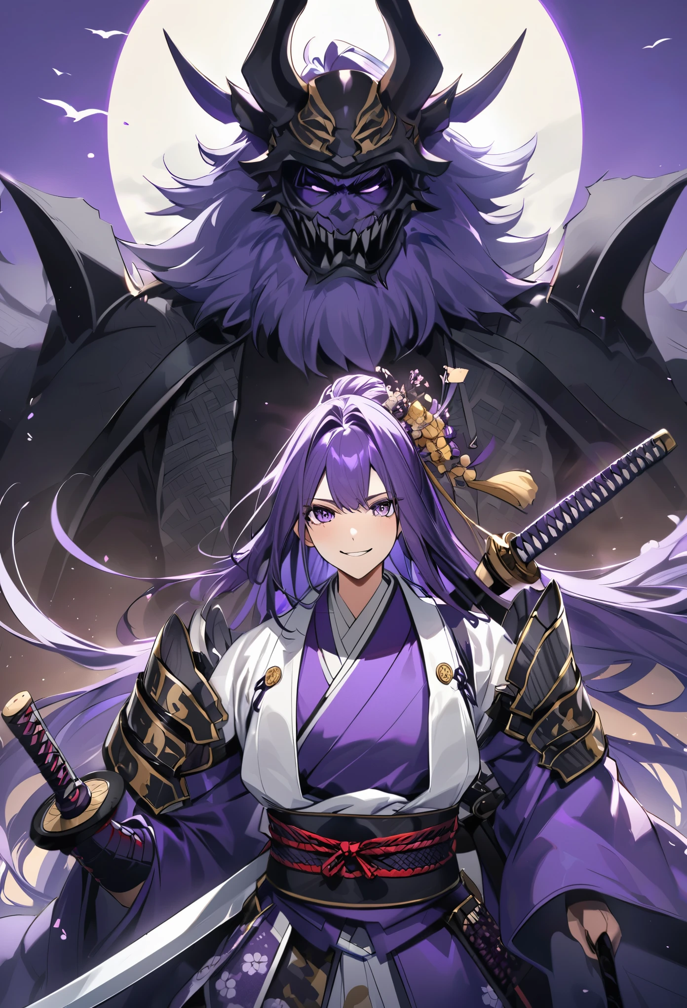 Um garoto com o cabelo na altura do ombro castanhos olhos castanhos usava um kimono masculino roxo e segurava sua espada samurai, Your smile brought comfort and security to us.