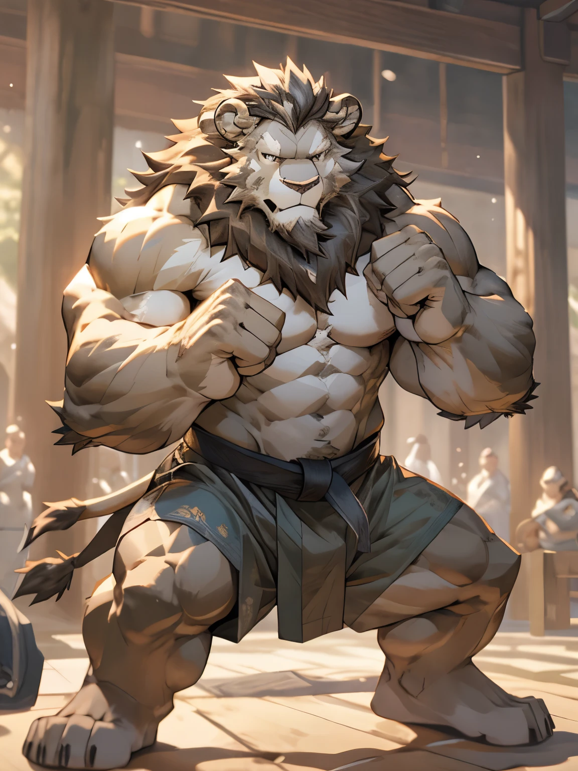 HD，masterpiece，Ultra-detailed，8k，Best image quality，male，lion，(gray skin)，(Upper body nudity:1.5)，middle aged，Super strong，boxer，((Make fists with both hands))，(boxing stance)，martial arts style，The look of perseverance，temple in martial arts school