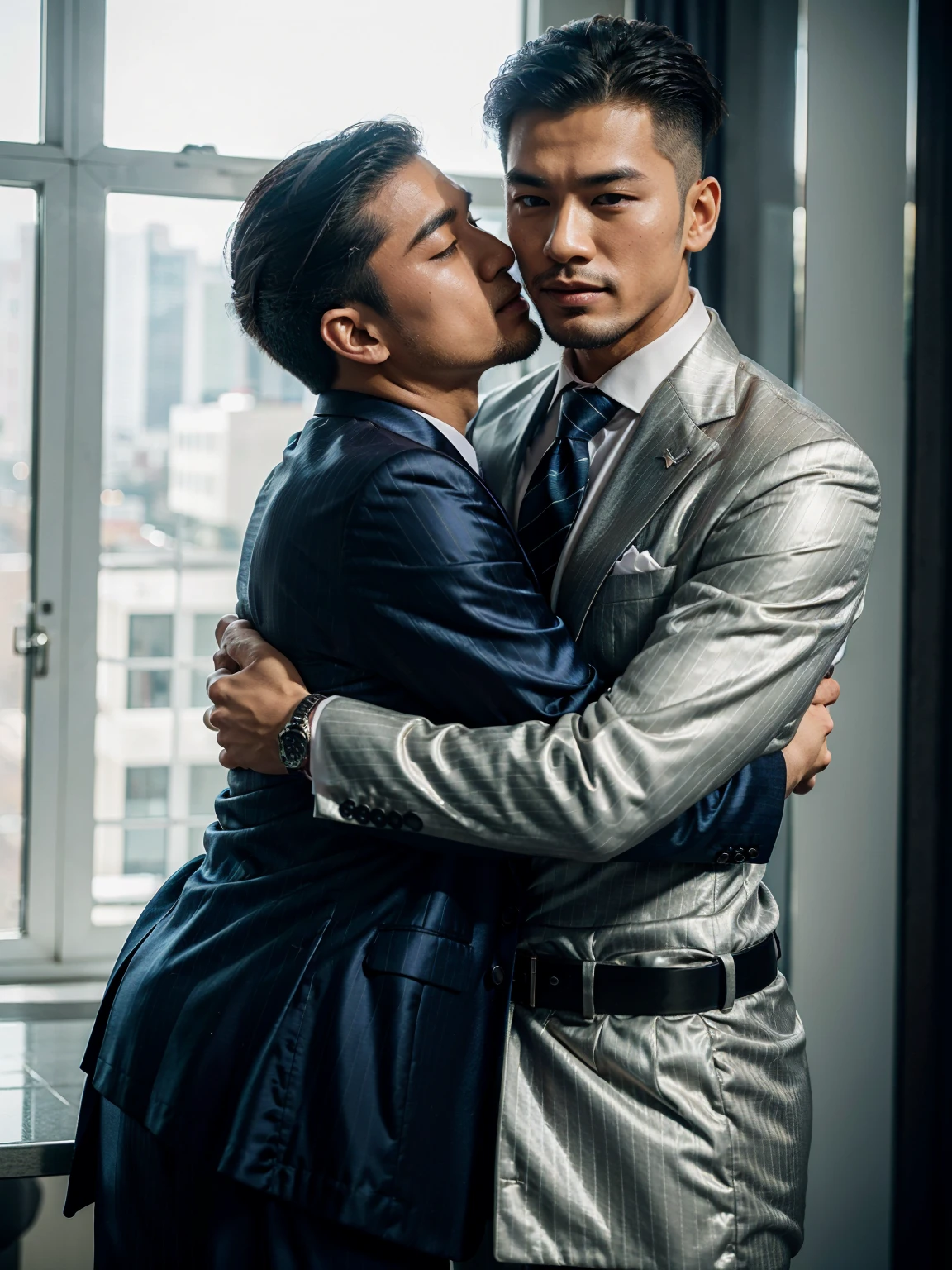 Two 40ys asian handsome high fade hair hot guys hugging, in shiny pinstripes stripes sharp suit with silk tie, 8K, Ultra HD