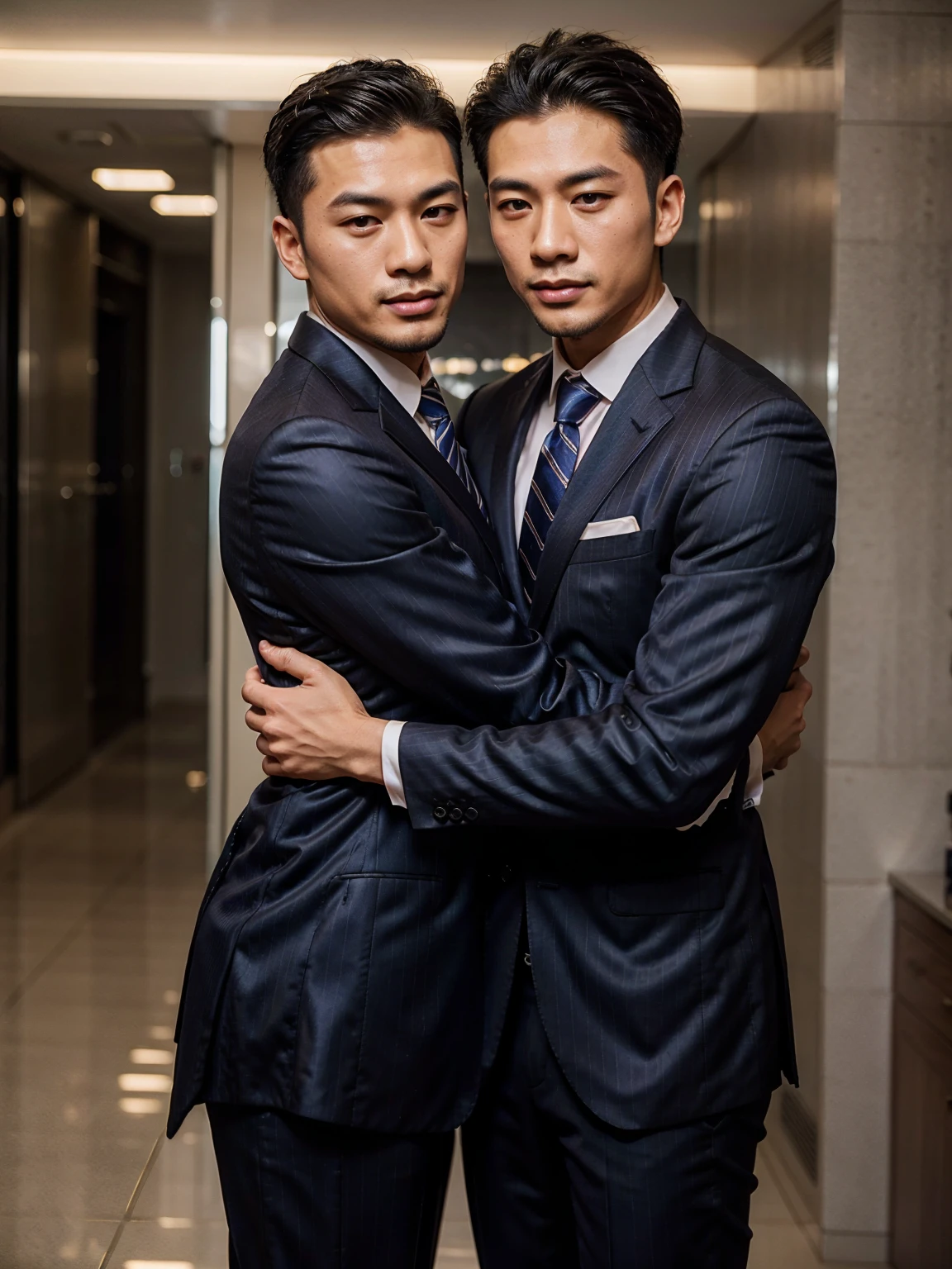 Two 40ys asian handsome high fade hair hot guys hugging, in shiny pinstripes stripes sharp suit with silk tie, 8K, Ultra HD
