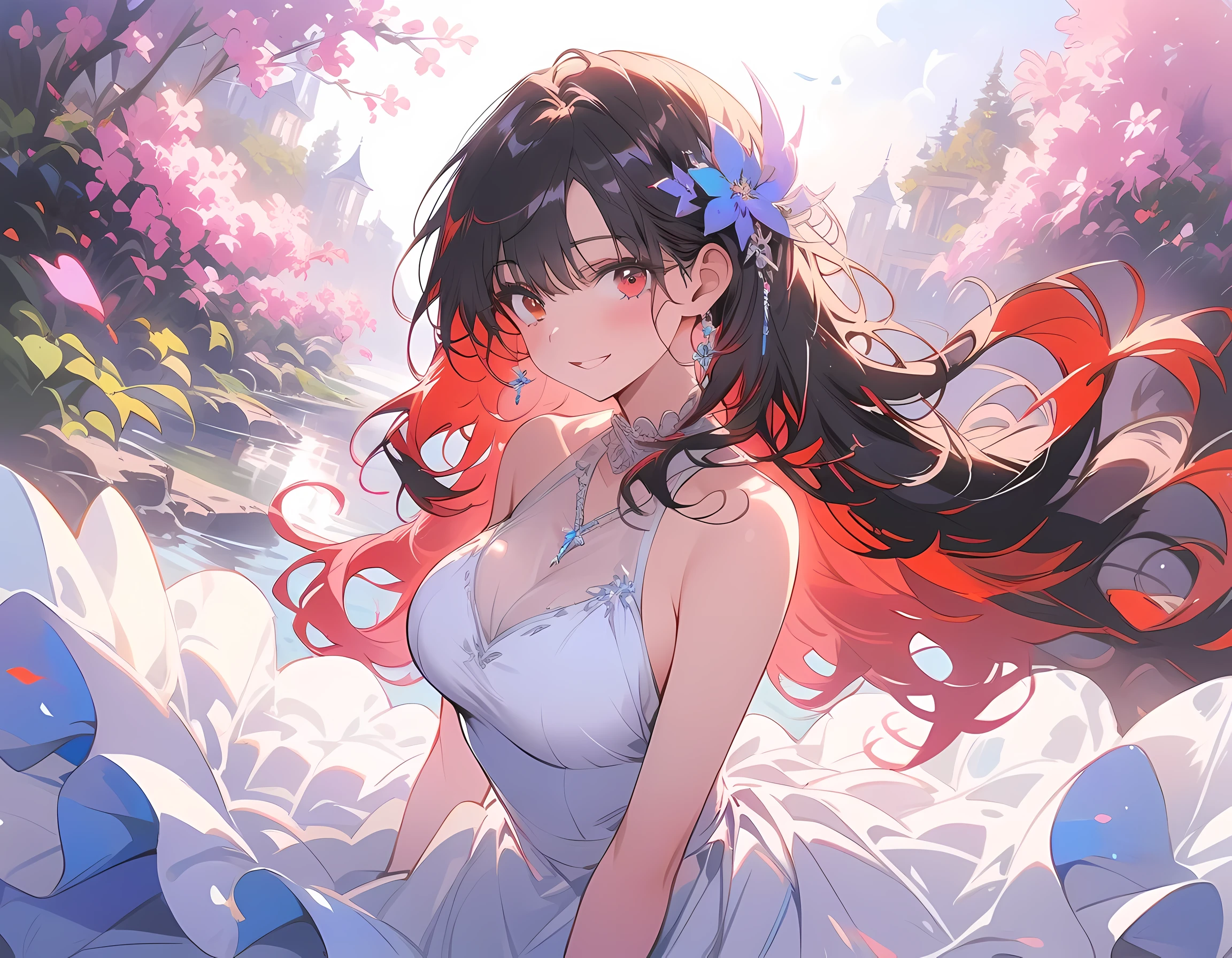 beautiful woman with large breasts, oil painting, vibrant colors, soft lighting, detailed facial features, flowing hair, graceful posture, elegant dress, garden setting, dreamlike atmosphere, high-resolution masterpiece:1.2