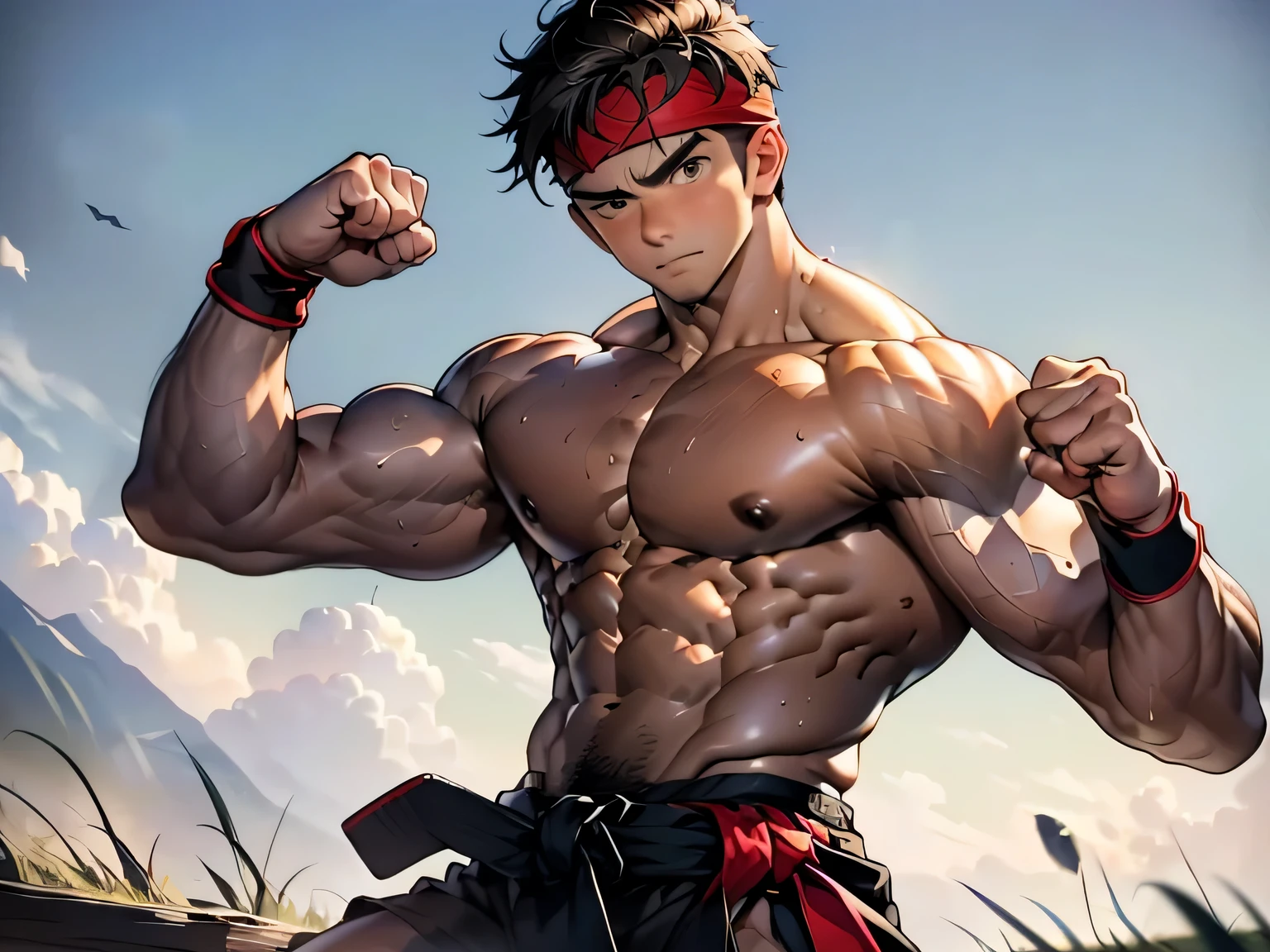 (Masterpiece, Best quality 18 year old boy, simple background, cowboy shot), focus boy, solo, Young, boy, full bodyesbian, Shirtless, topless, (Dark Short straight hair, under cut, brown eyes), (torn cloth, red headband, ((black wristband))), Vivid colors, (hot Abs, big breast, chest muscle, upper arms), (topless male), closed mouth, serious, tight muscler body, Man with martial arts stance, (((epic martial arts pose)))