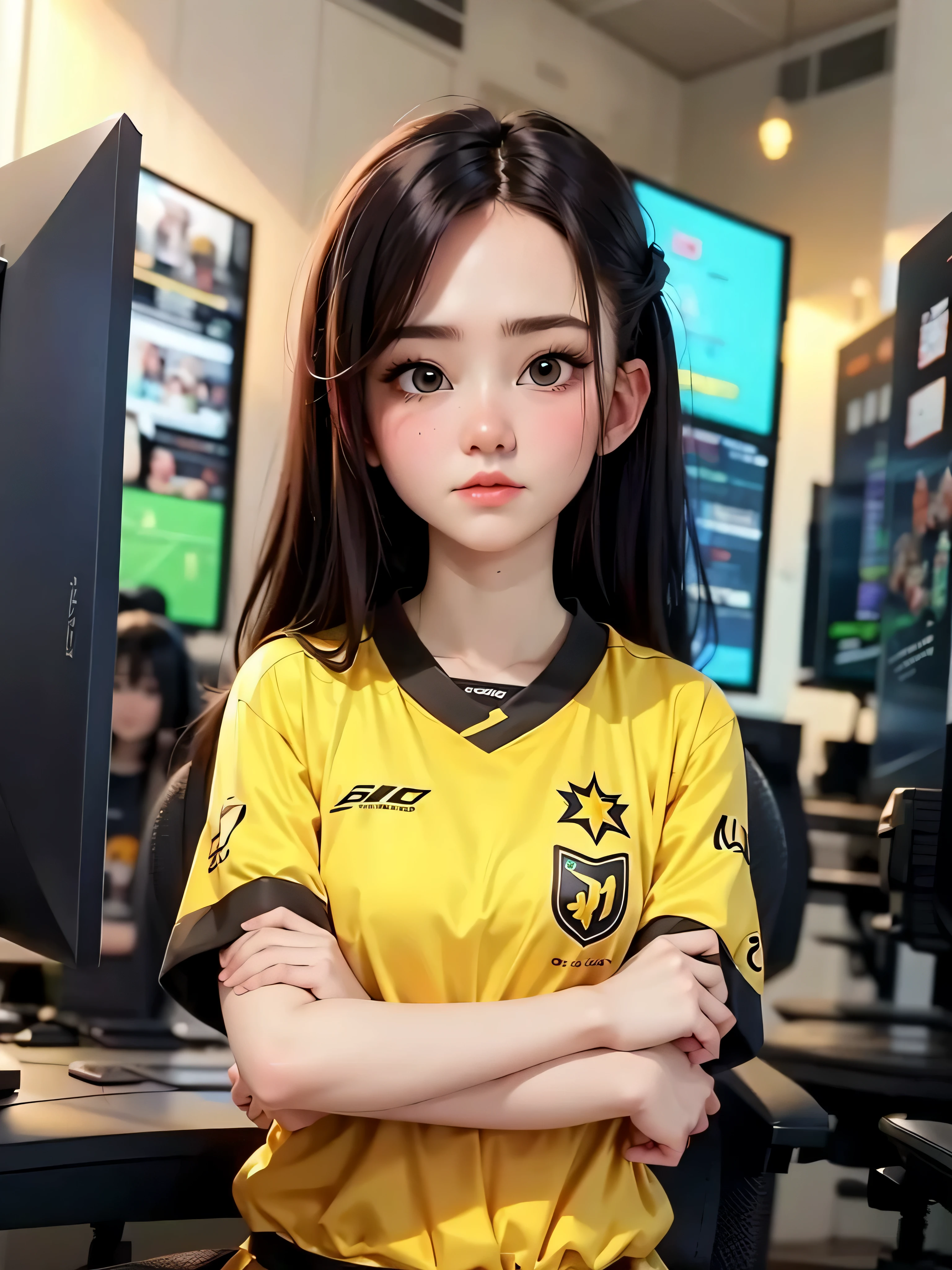 super cute girl IP by popmart,natural light,Adorable,Youthful,Animated, pixar style,long hair, simple background, esport jersey yellow