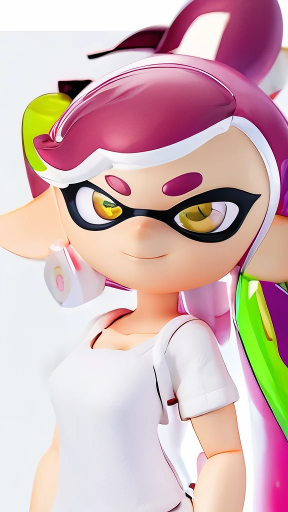 masterpiece、highest quality、High resolution、4k、1 beautiful girl、girl、splatoon inkling, tentacle hair、ink bomb、(((whole body)))、neon blue tentacle hair、ponytail tentacle hair、big ribbon、golden eyes、smile、cheek、Lipstick、super big breasts、cleavage、pointed earicro mini skirt、fashionable、Large accessories、wet body、outdoor、dynamic pose、figure 