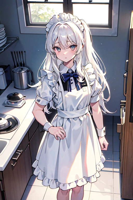 wavy hair, white hair, white eyes, maid uniform, standing, Straight Face, Fair skin, indoors, kitchen, from above, 1990s (style), --niji 5 --ar 2:3 --s 100